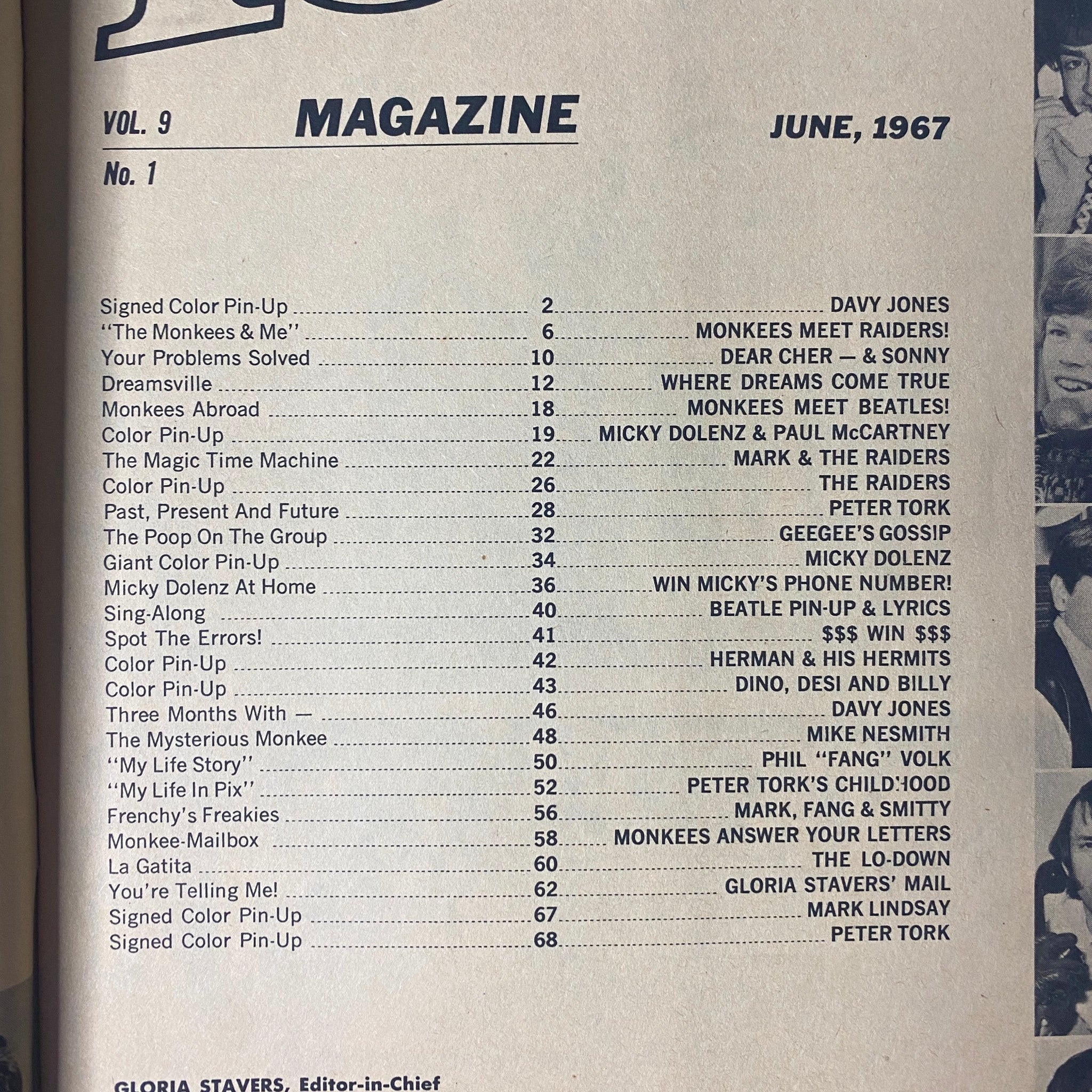 Table of Contents for 16 Magazine June 1967 Vol 9 No. 1 listing features on Davy Jones, The Monkees, and other notable artists of the era.
