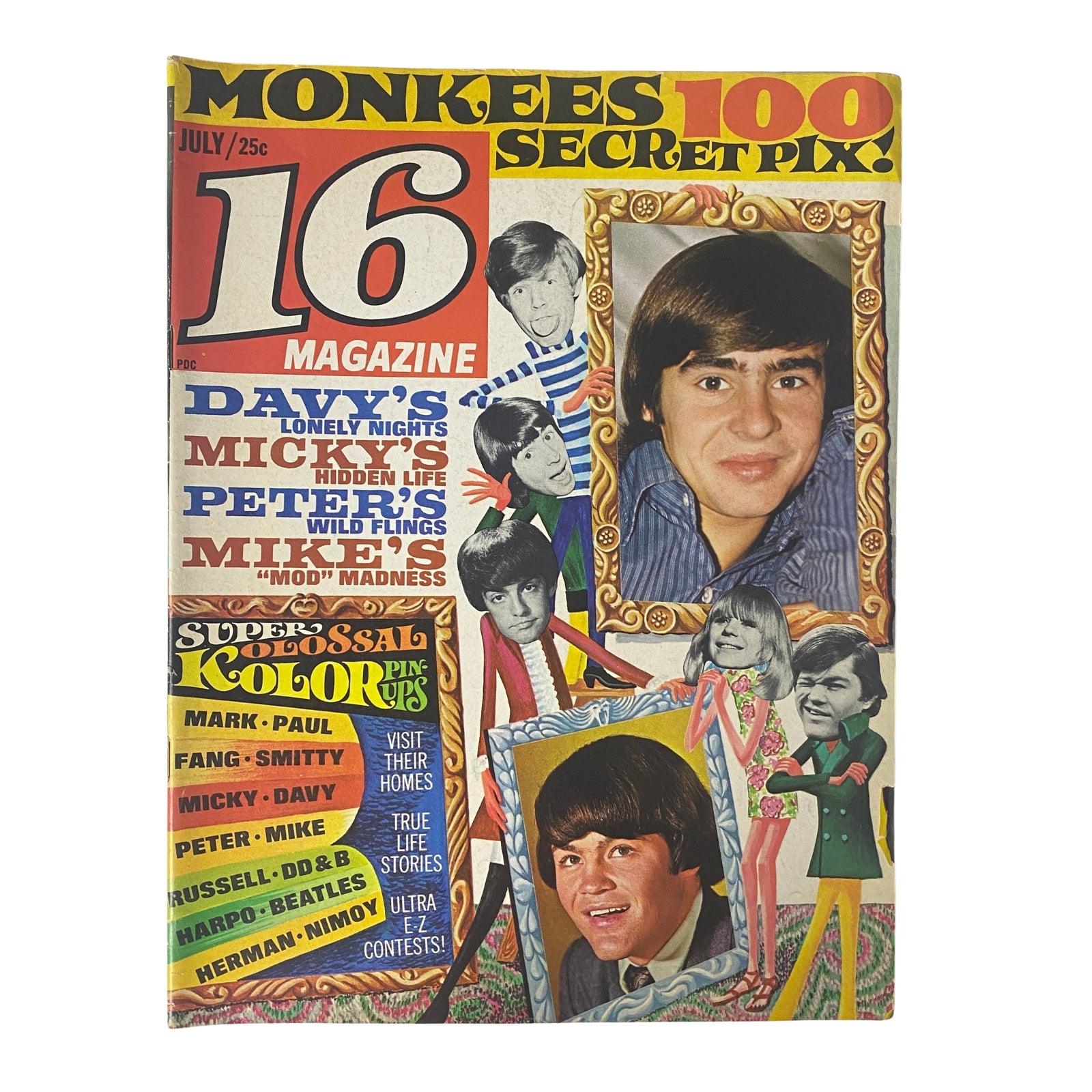 Cover of 16 Magazine from July 1967, Vol. 9, No. 2, featuring The Monkees, including a photograph of one of the band members and colorful text promoting exclusive content such as 'Super Color Pin-Ups'. Notable condition remarks include 'No Mailing Label' and 'Very Good Condition'.