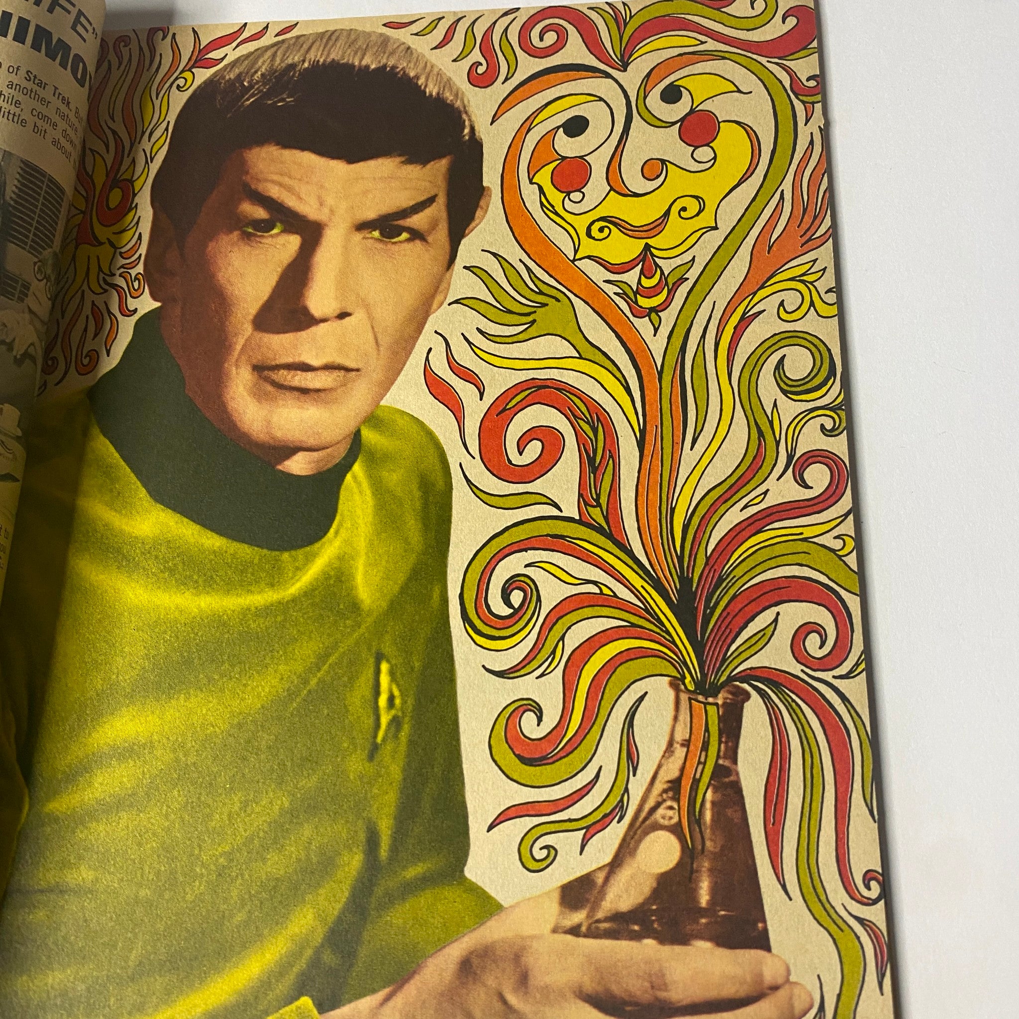 Leonard Nimoy featured in 16 Magazine July 1967 Vol 9 No. 2, posing dramatically with a colorful background, showcasing the era's pop culture.