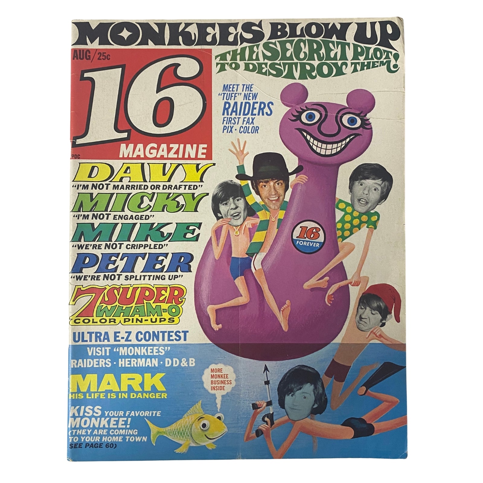 Cover of 16 Magazine August 1967 Vol 9 No. 3 featuring Davy Jones and Micky Dolenz from The Monkees, colorful artwork showcasing iconic teen idol culture.