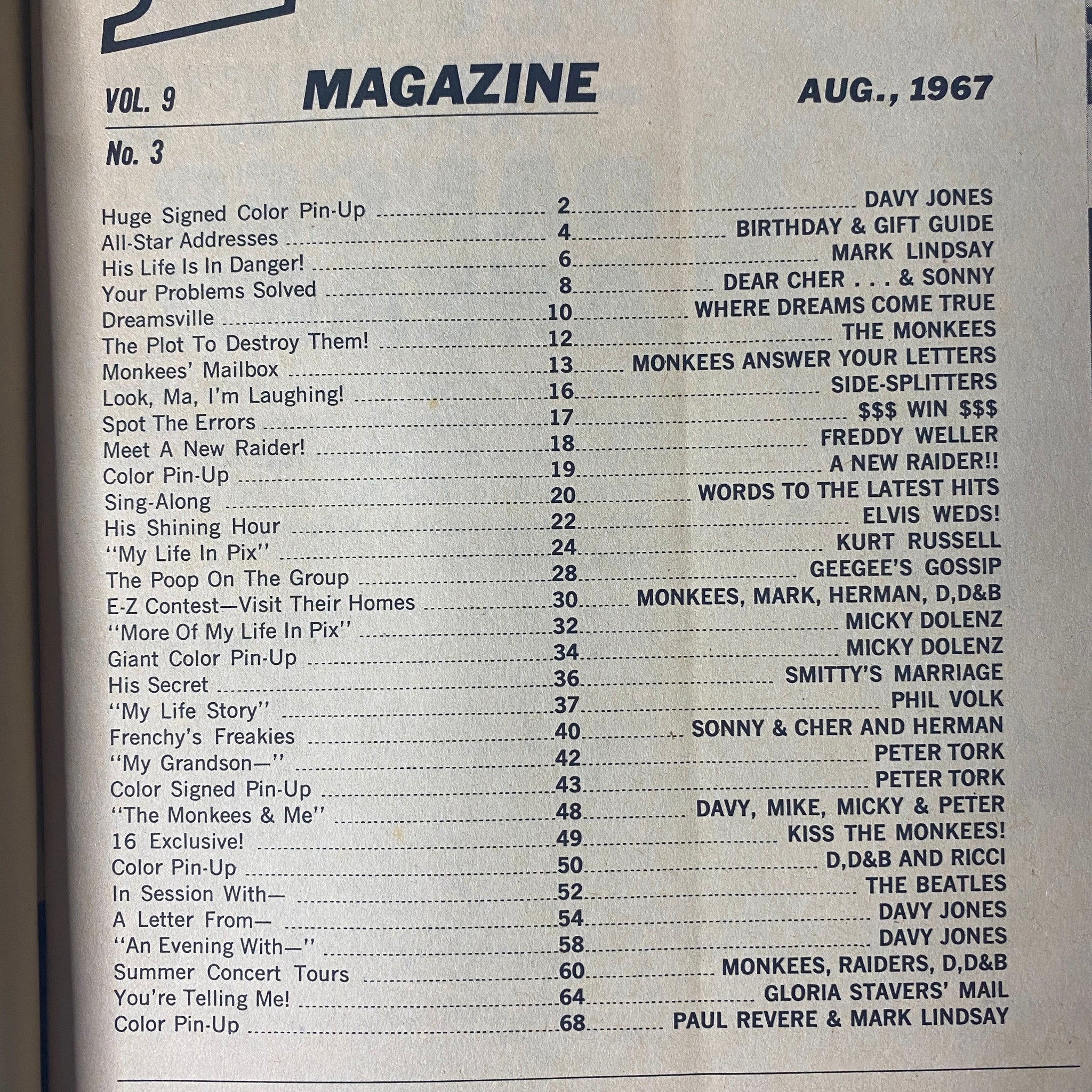 Table of Contents from 16 Magazine August 1967 Vol 9 No. 3, listing articles and features including Davy Jones and Sonny & Cher.