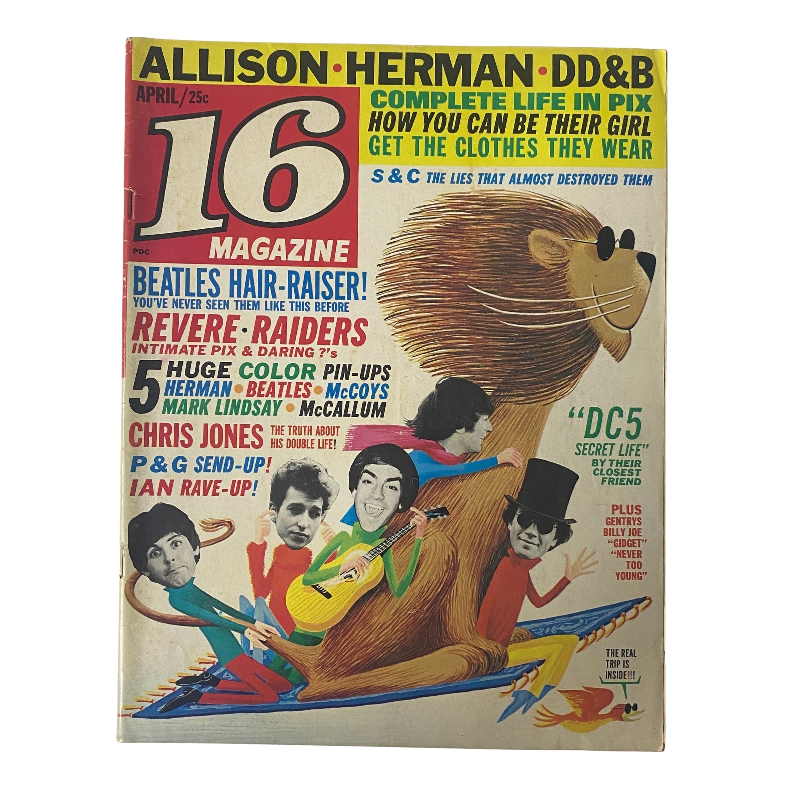 Cover of 16 Magazine April 1966 Vol 7 No. 11 featuring The Beatles, Clay Cole, and multiple pop culture icons with vibrant illustrations and pin-ups.