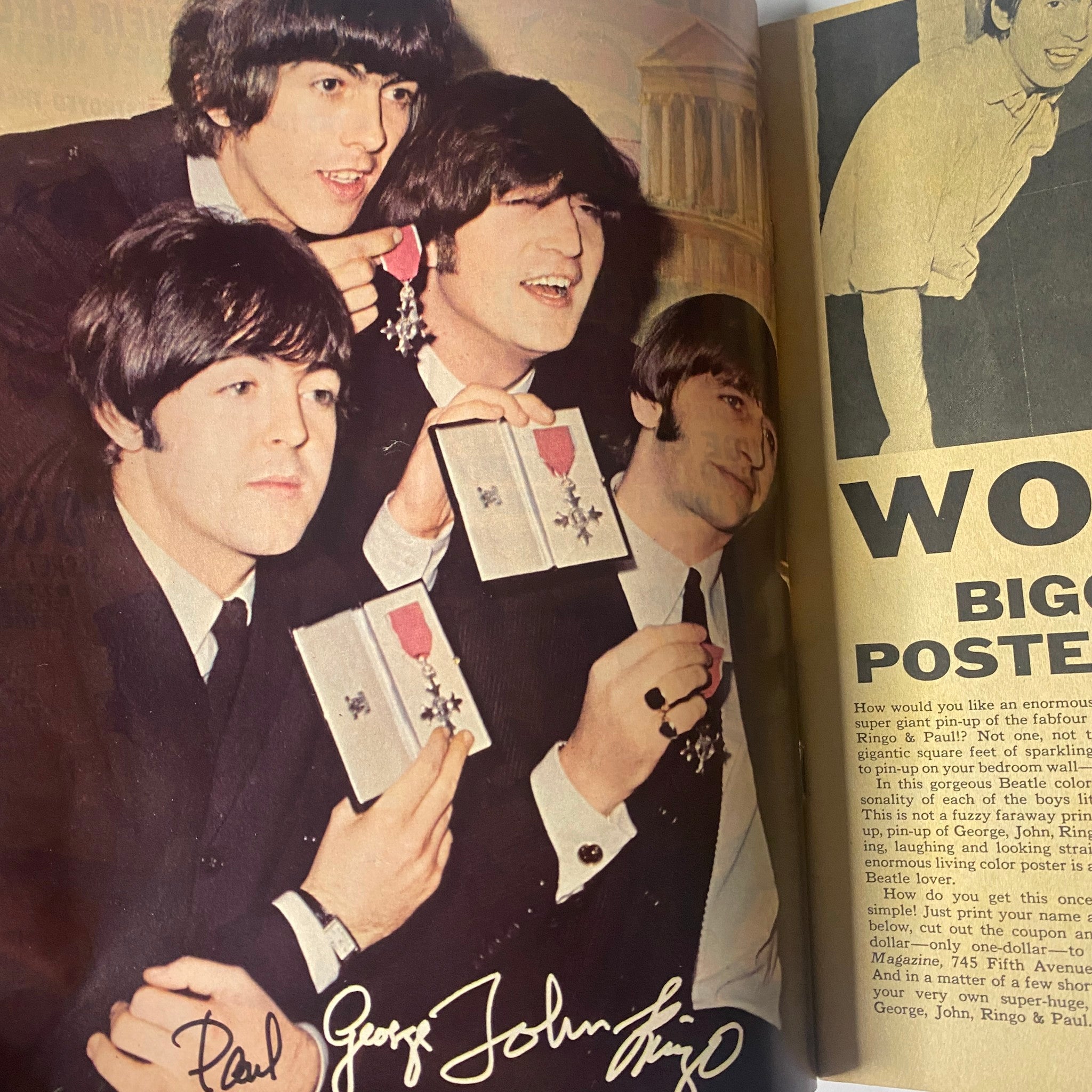 The Beatles featured in 16 Magazine April 1966, showcasing Paul McCartney, George Harrison, John Lennon, and Ringo Starr holding their awards with signatures.