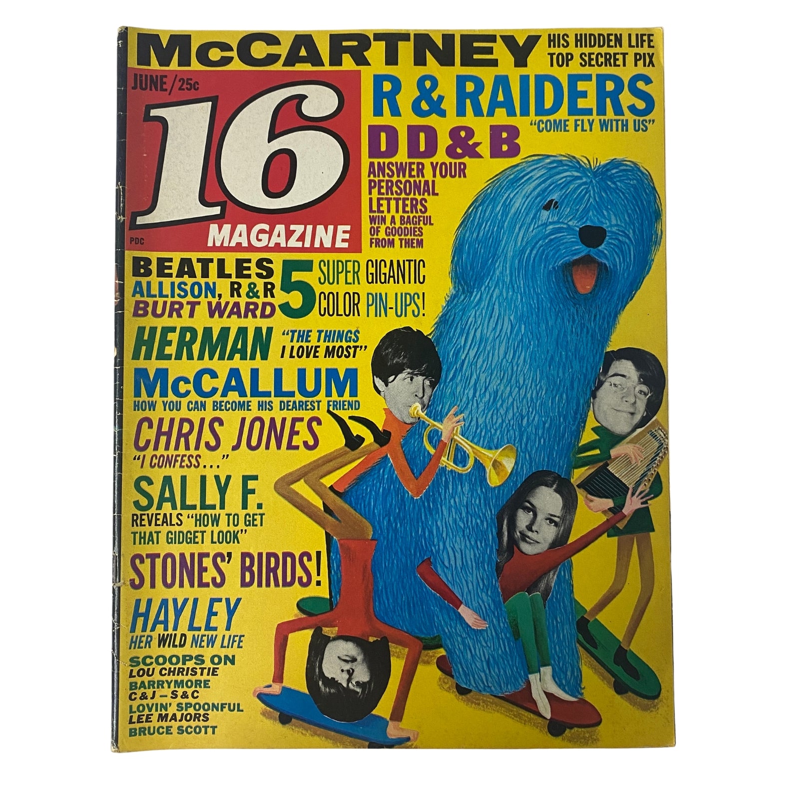 Cover of 16 Magazine June 1966, Vol. 8 No. 1 featuring The Beatles and Hayley Mills, vibrant colors with a comic-style illustration.