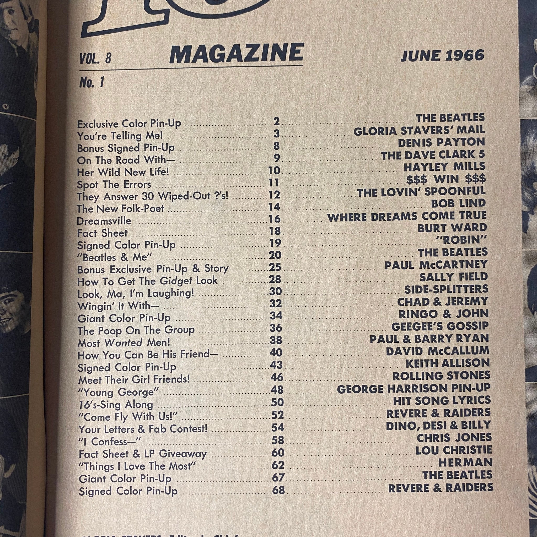 Table of Contents for 16 Magazine June 1966, listing articles about The Beatles, Hayley Mills, and other popular artists of the era.