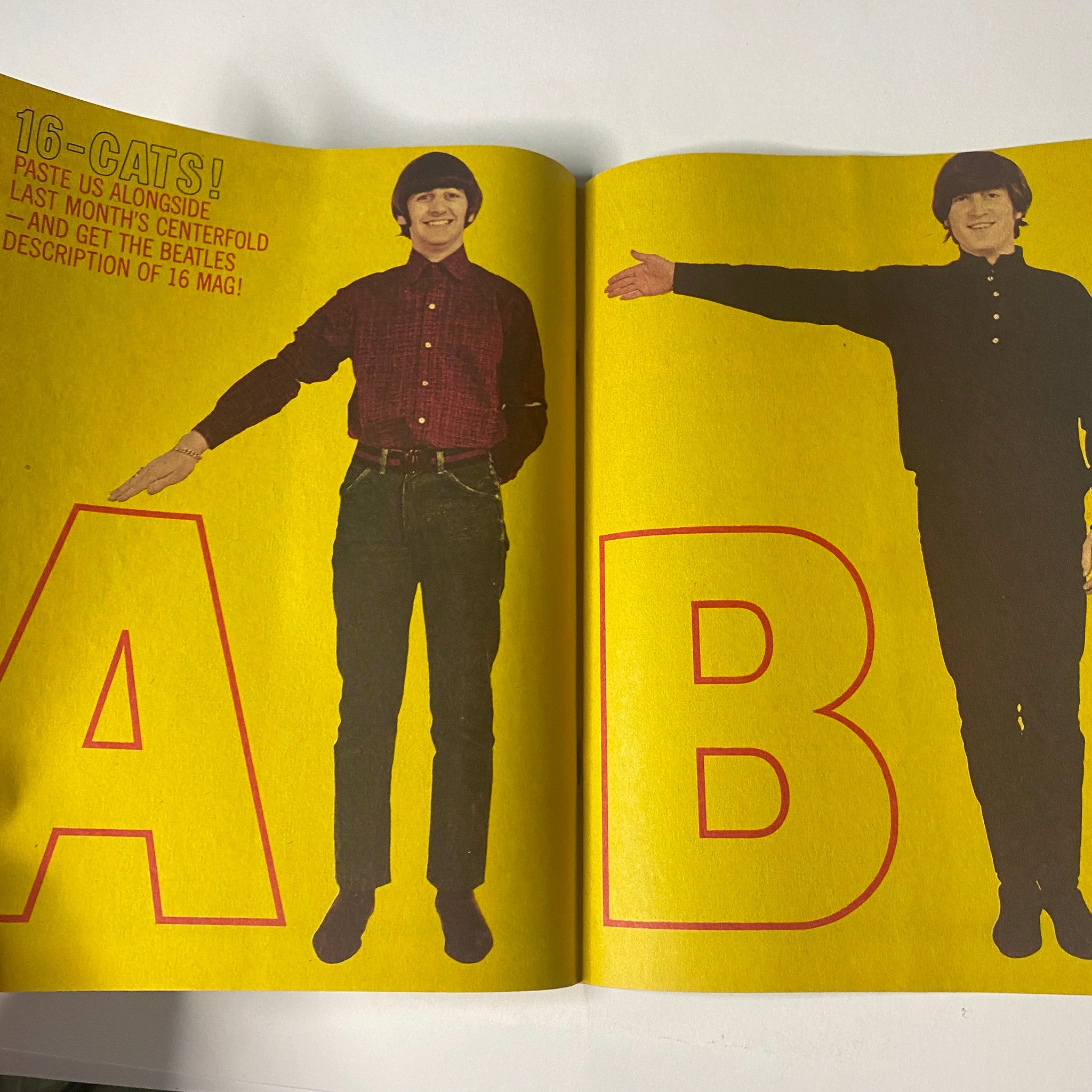 A playfully designed spread from 16 Magazine June 1966, Vol. 8 No. 1, featuring The Beatles with a colorful background and promotional lettering.
