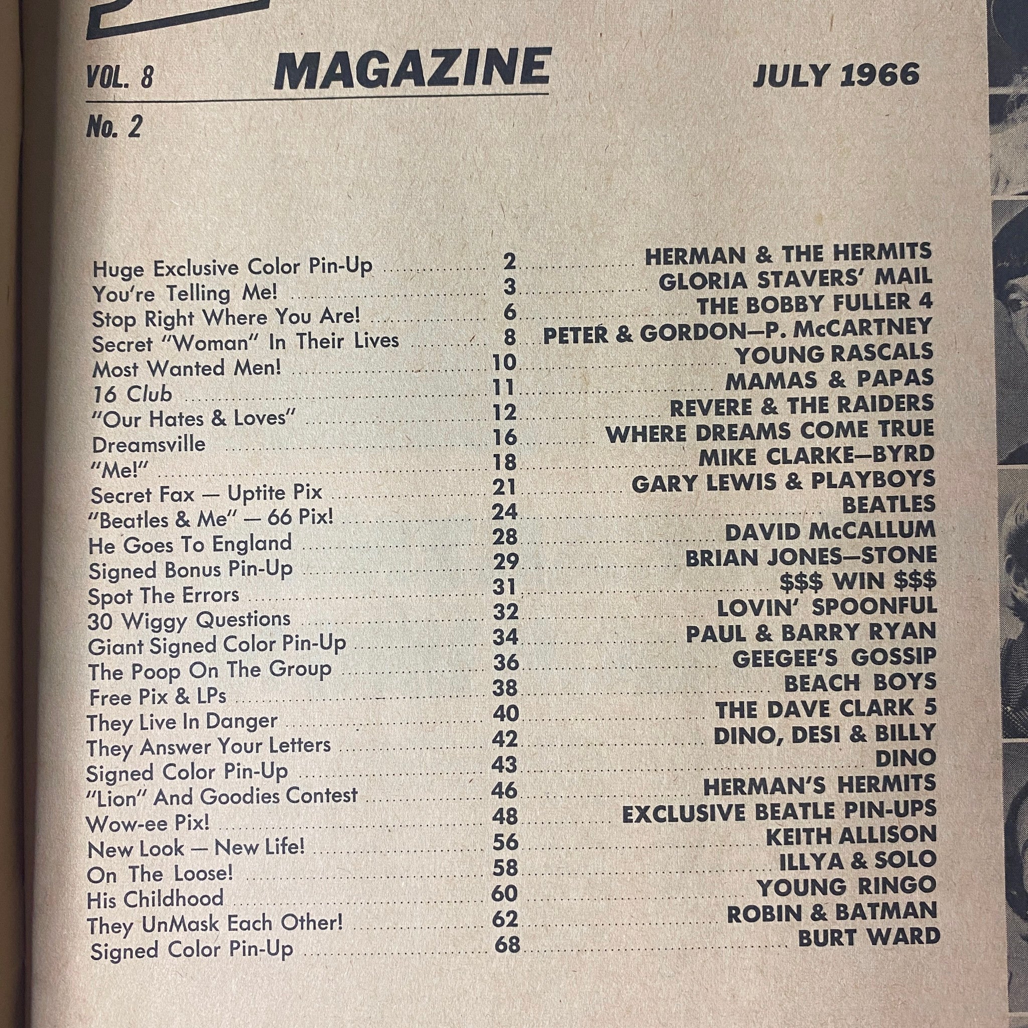 Table of Contents from 16 Magazine July 1966, Volume 8, No. 2, showcasing various features including Herman & The Hermits, Beatles photo spreads, and fan contests, reflecting 1960s teen pop culture.