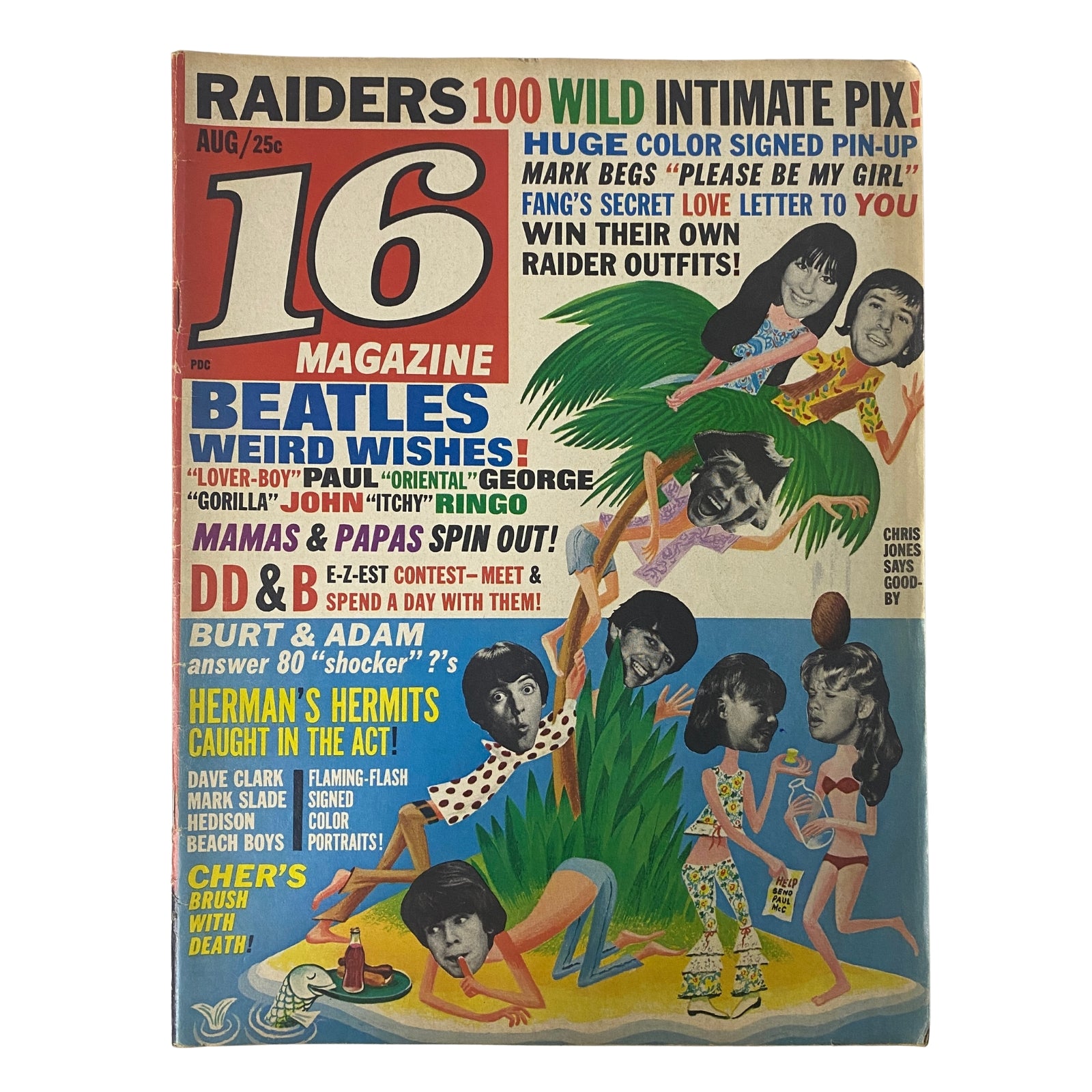 Cover of 16 Magazine, August 1966, Vol. 8, No. 3 featuring Revere & The Raiders, with pin-up and articles about The Beatles, Herman's Hermits, and more.