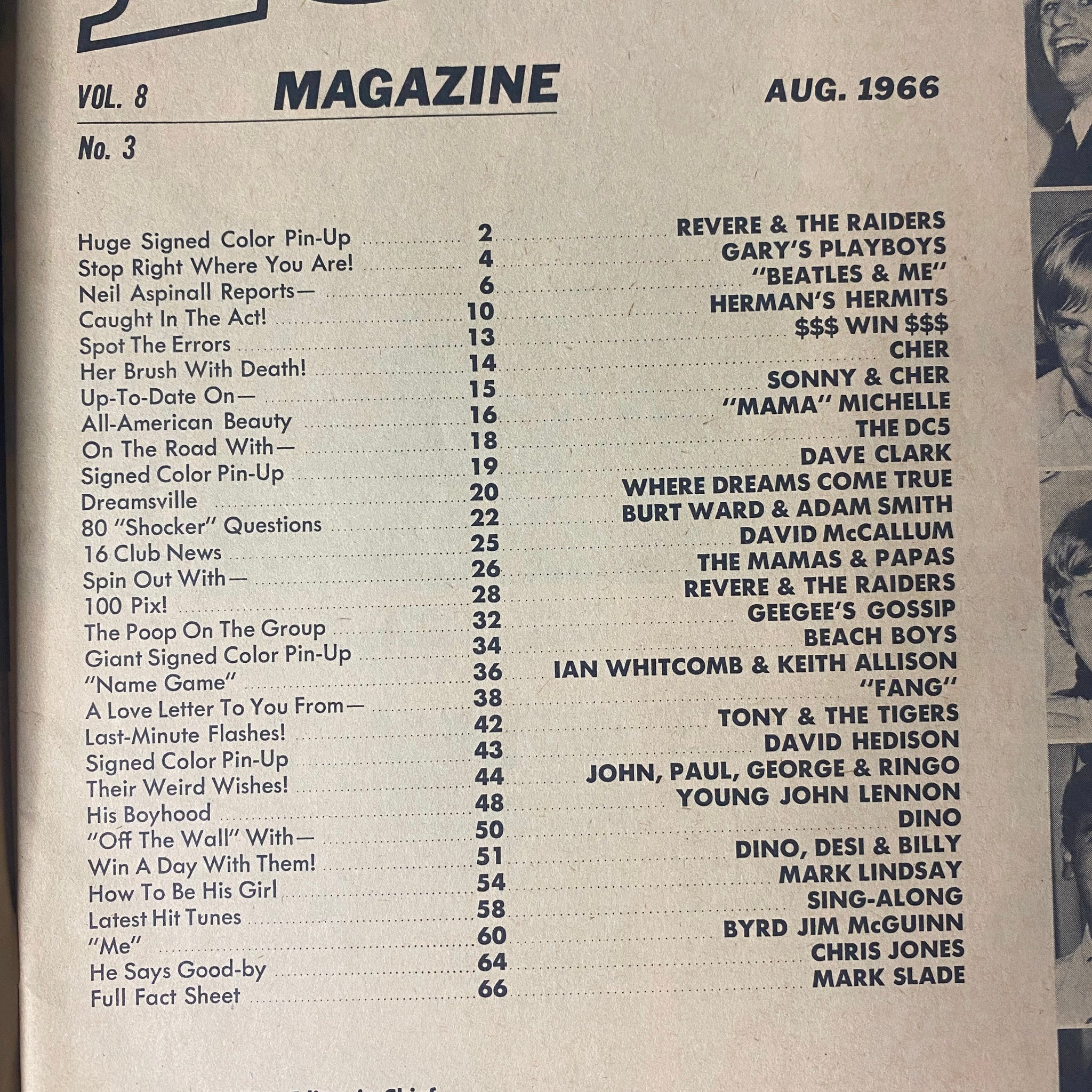 Table of contents from 16 Magazine, August 1966, Vol. 8, No. 3, highlighting features including Revere & The Raiders, The Beach Boys, and exclusive reports.