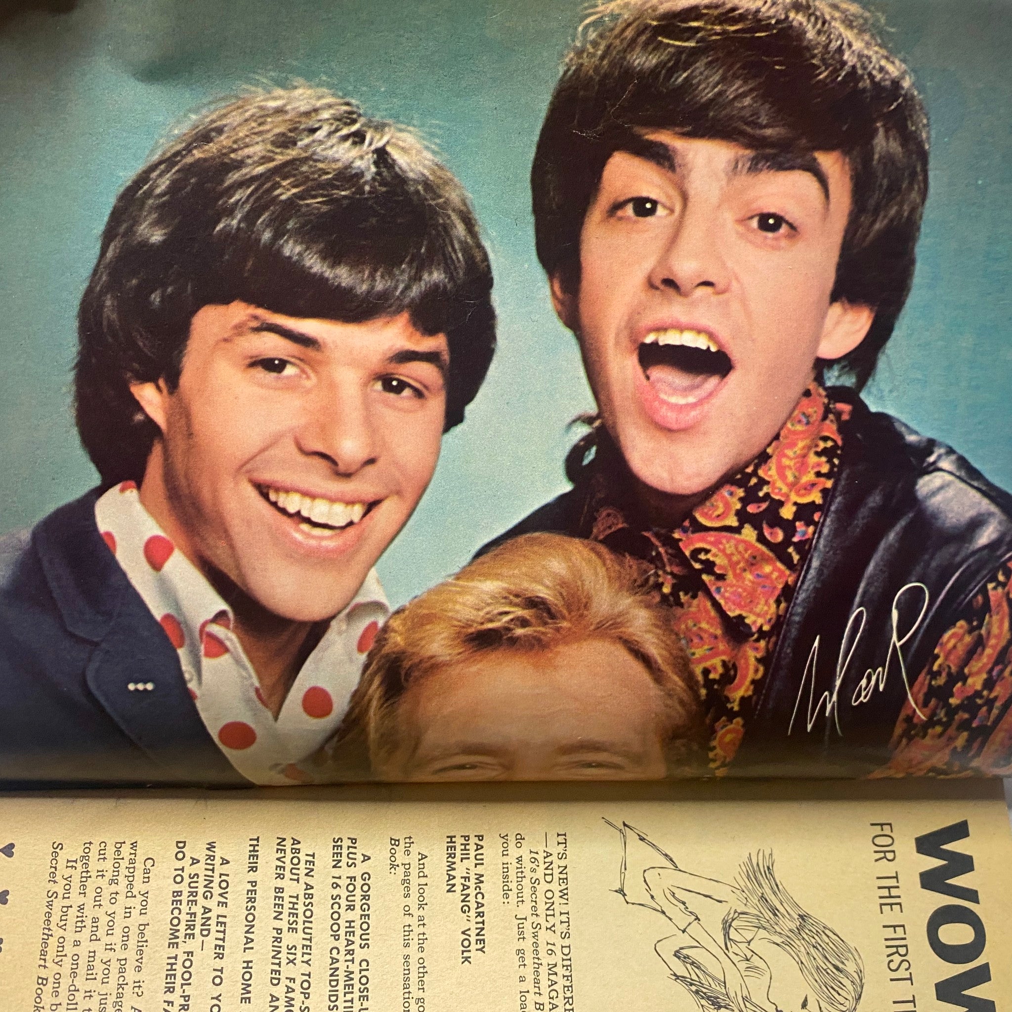 A vibrant photo from 16 Magazine, August 1966, Vol. 8, No. 3 featuring members of the teen group with signatures and playful expressions.