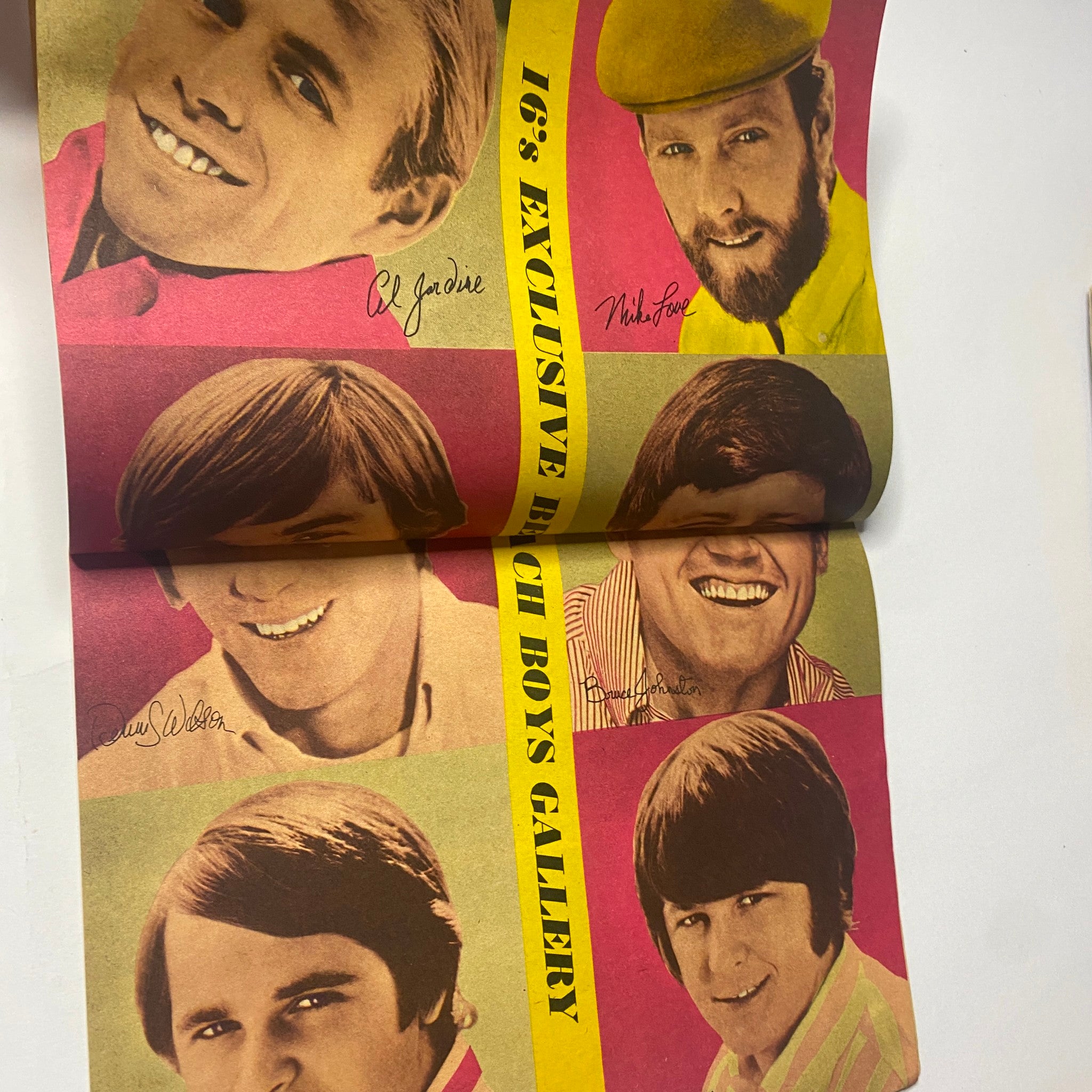 Layout from 16 Magazine, August 1966, Vol. 8, No. 3 featuring a gallery of The Beach Boys with vibrant colors and smiles.