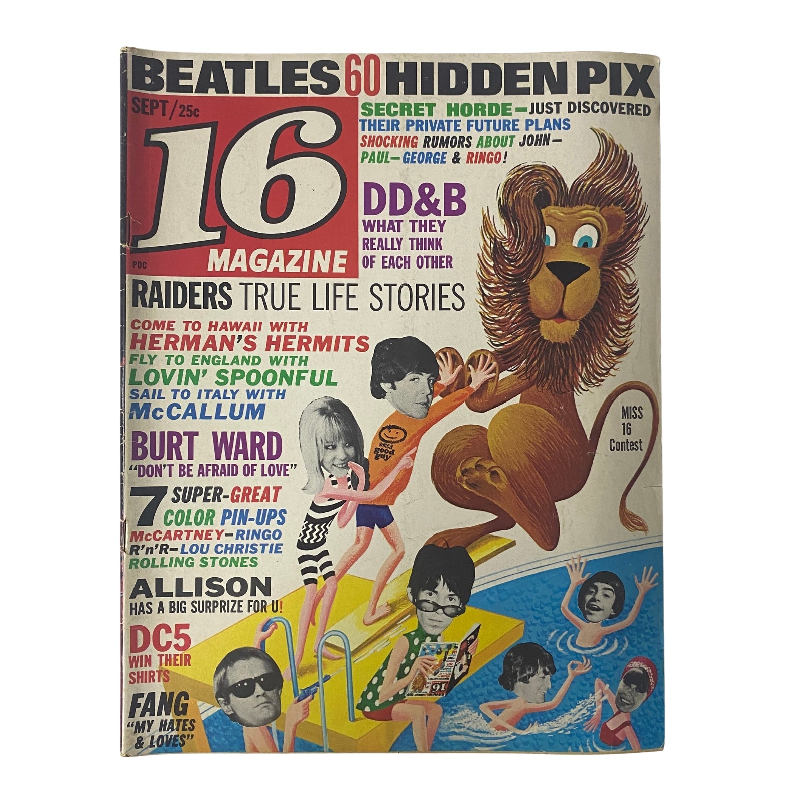 Cover of 16 Magazine September 1966 featuring Ringo Starr and a lion, with the headline 'Beatles 60 Hidden Pix'. Essential for vintage magazine collectors.
