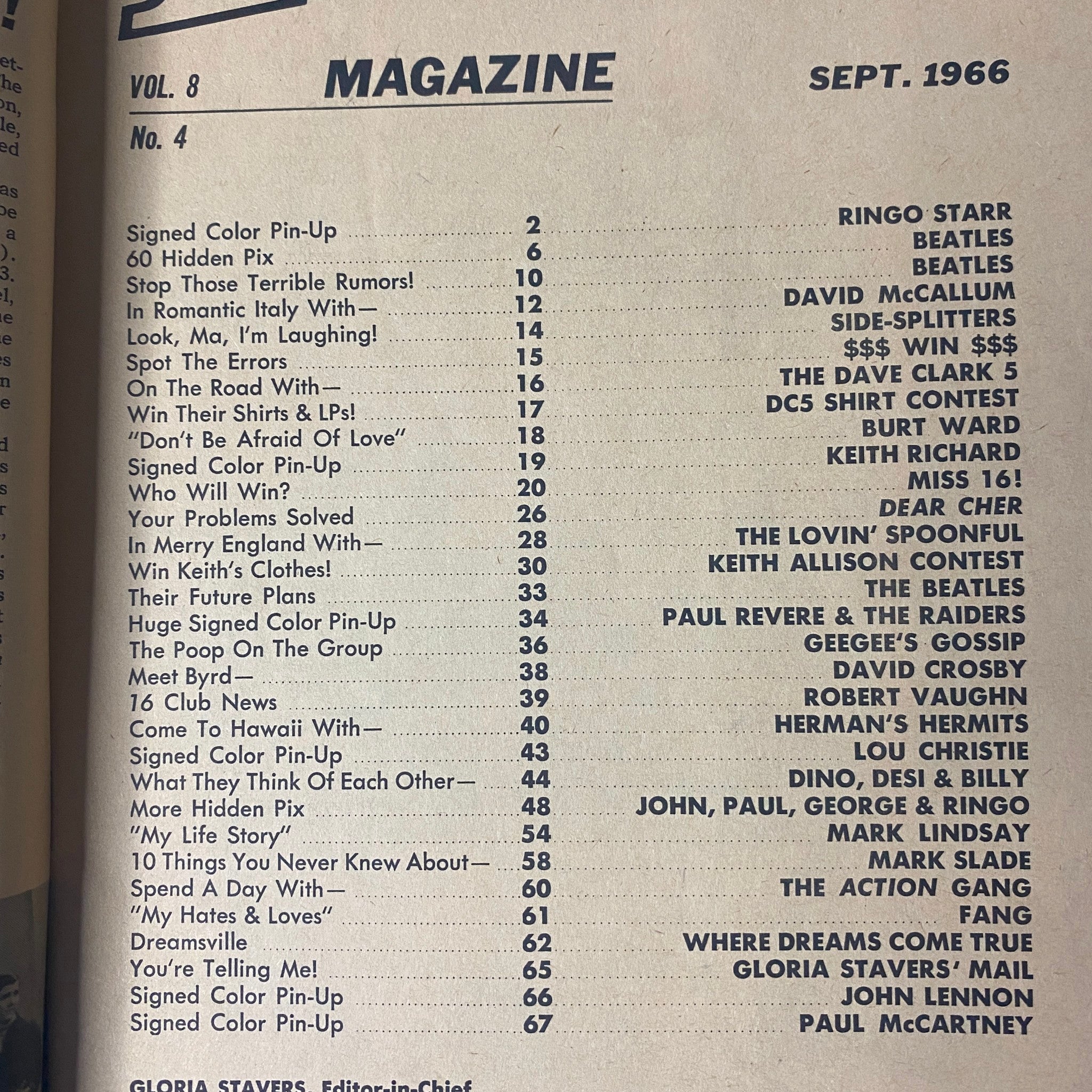 Table of Contents of 16 Magazine September 1966 listing features including signed pin-ups and articles about Ringo Starr and The Beatles.