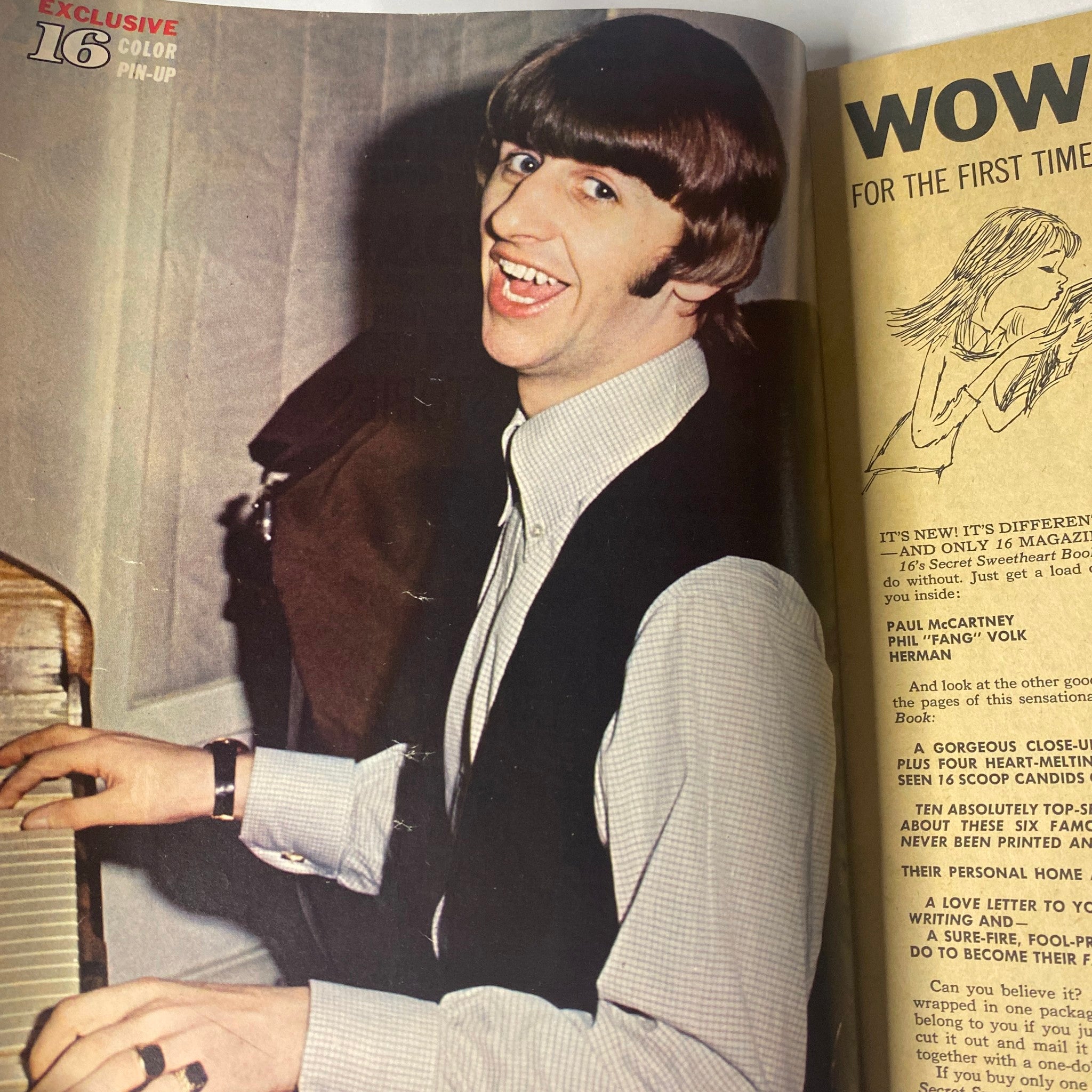 Ringo Starr in an exclusive color pin-up from 16 Magazine September 1966, showcasing his playful personality.