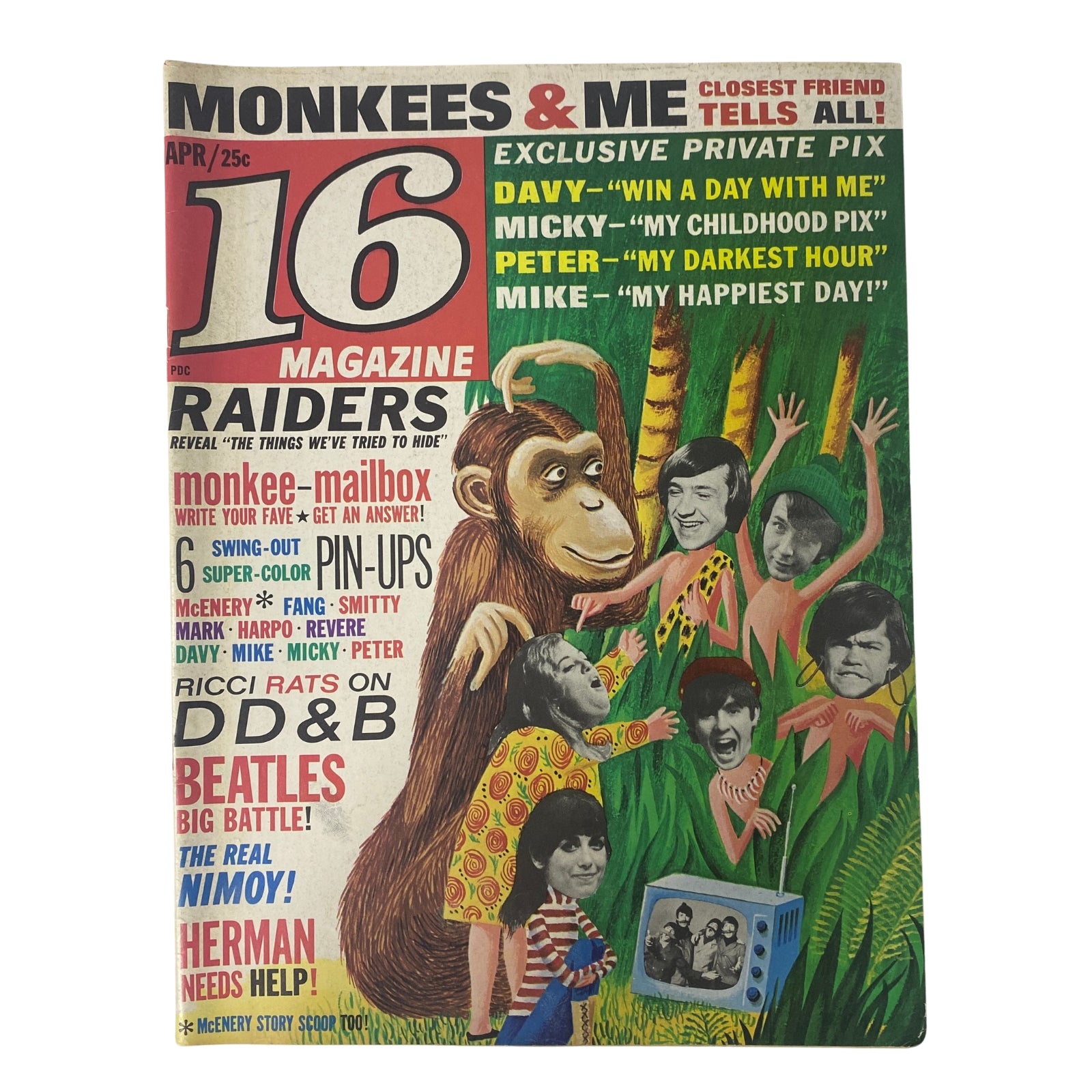 Cover of 16 Magazine from April 1967, featuring The Monkees with an illustrated gorilla, including titles like 'The Monkees & Me,' 'Exclusive Private Pix,' and highlights on Davy Jones, Micky Dolenz, Mike Nesmith, and Peter Tork.