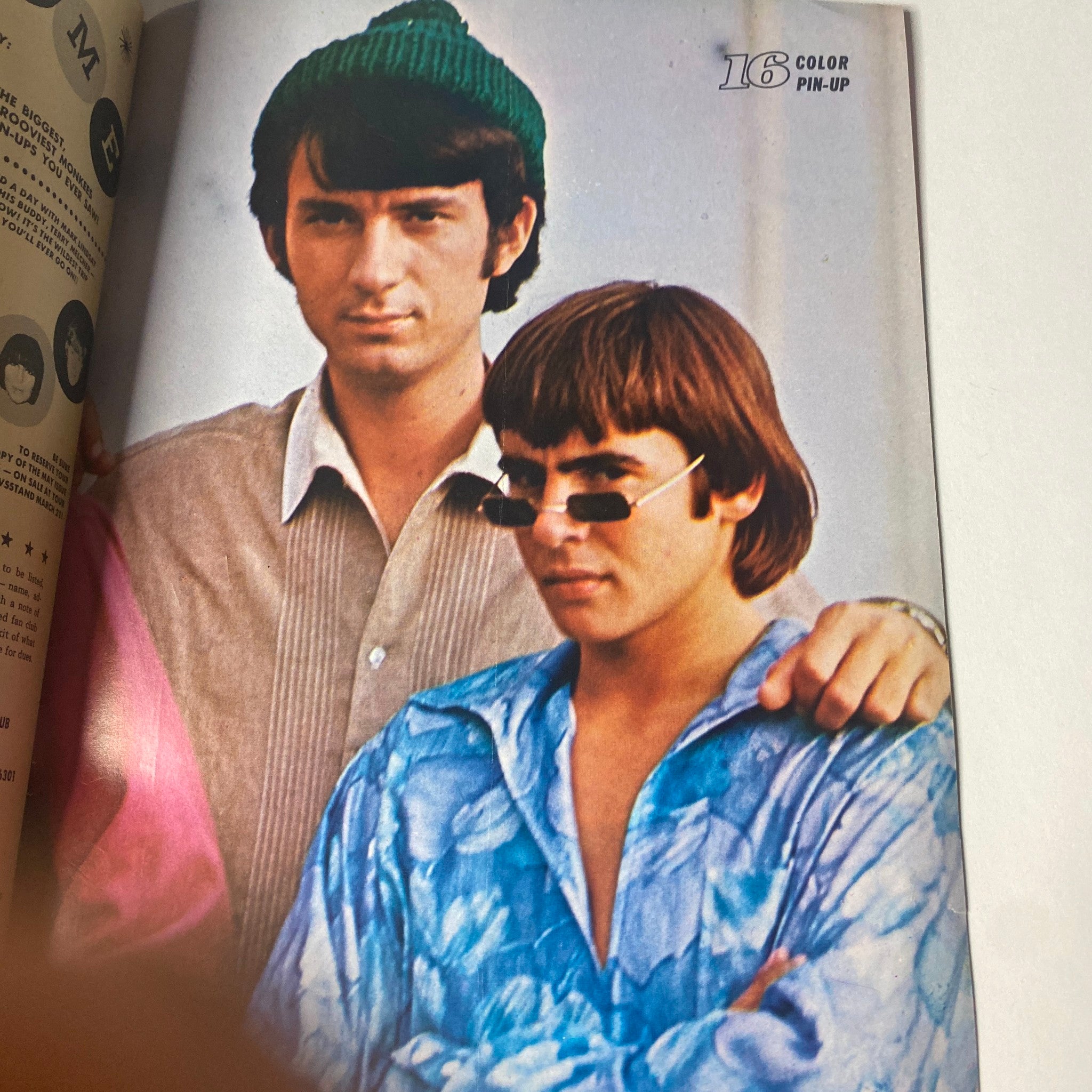 A classic pin-up photo of The Monkees in 16 Magazine April 1967 Vol 8 No. 11, depicting Mike Nesmith and Micky Dolenz.