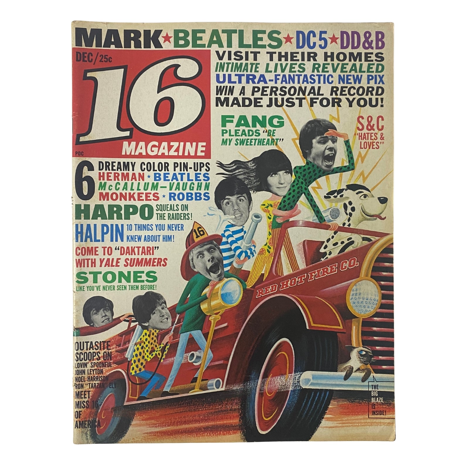 Cover of 16 Magazine December 1966 Vol. 8 No. 7 featuring The Beatles, colorful layout with various pop stars and pin-ups.