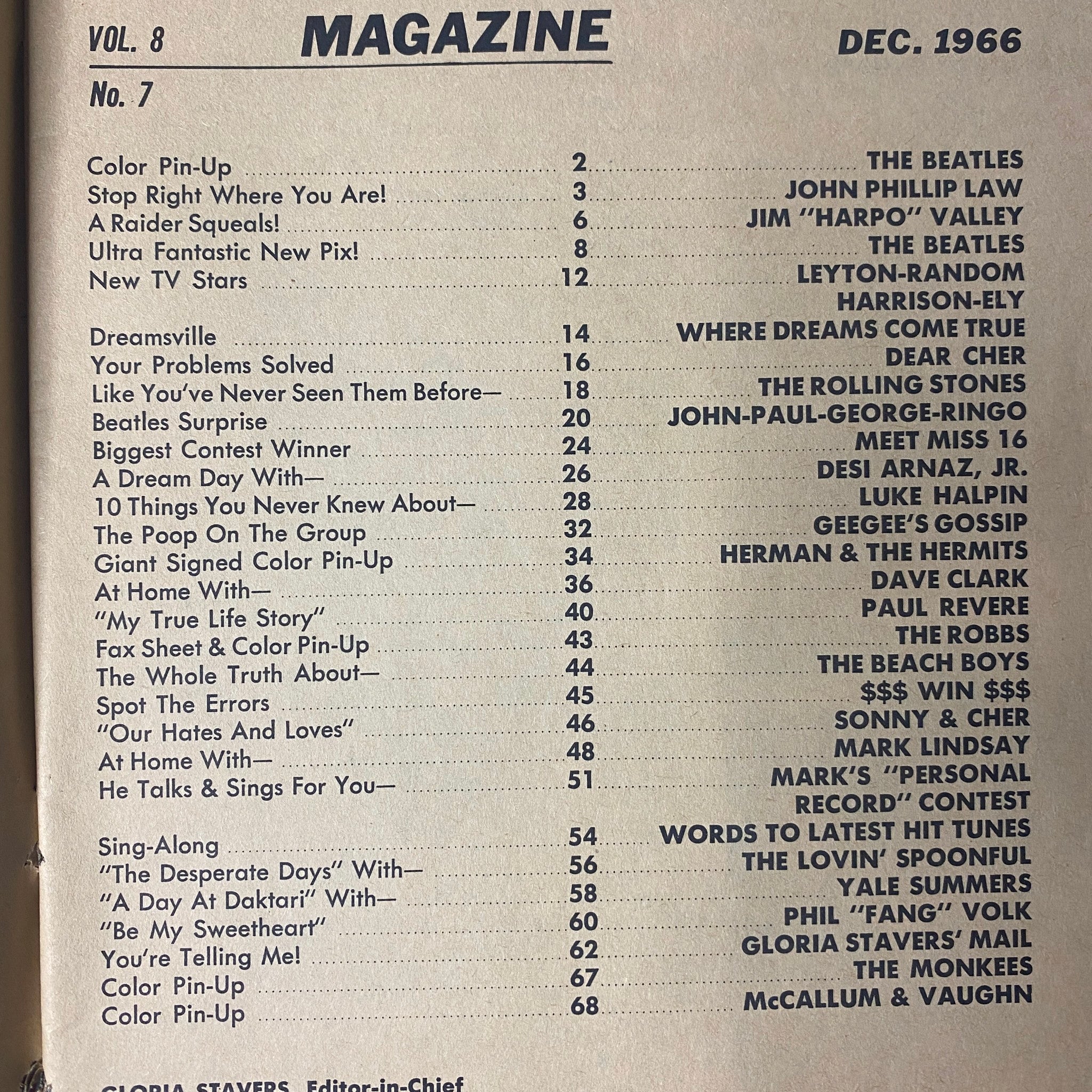 Table of Contents for 16 Magazine December 1966 Vol. 8 No. 7 listing features including The Beatles and other artists.