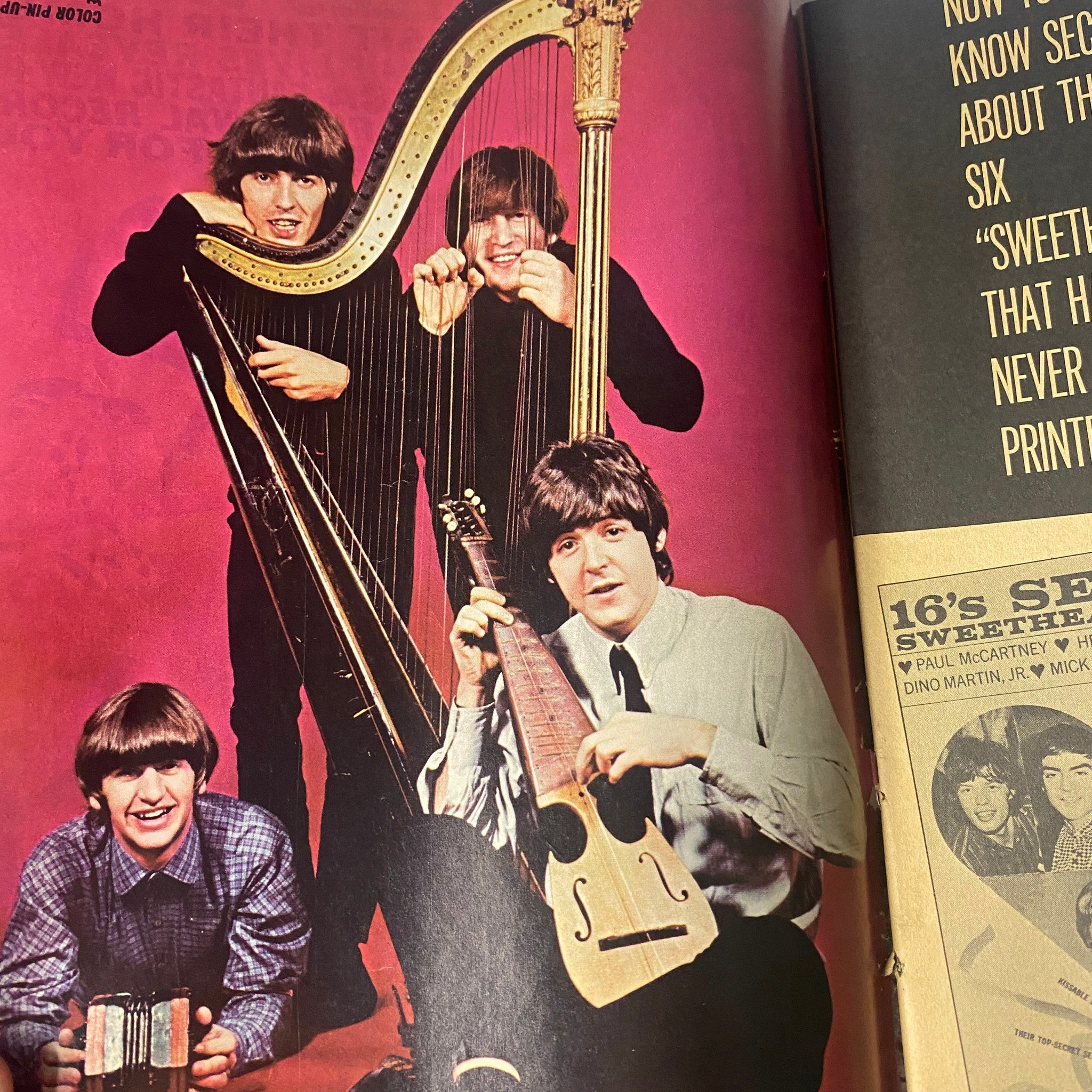 Image of The Beatles in 16 Magazine December 1966 Vol. 8 No. 7, showcasing John, Paul, George, and Ringo with instruments.