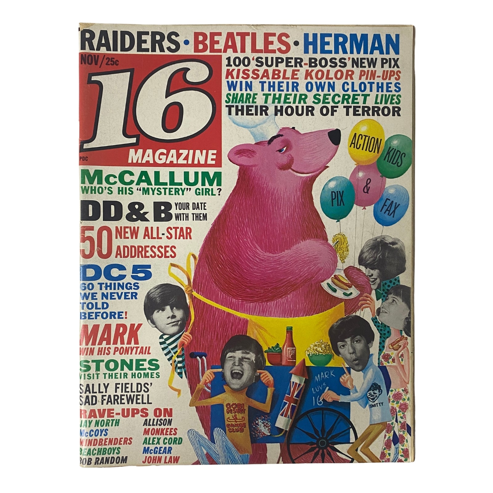 Cover of 16 Magazine November 1966 Vol 8 No. 6 featuring Paul Revere & The Raiders, colorful graphics, and images of The Beatles and Herman's Hermits.