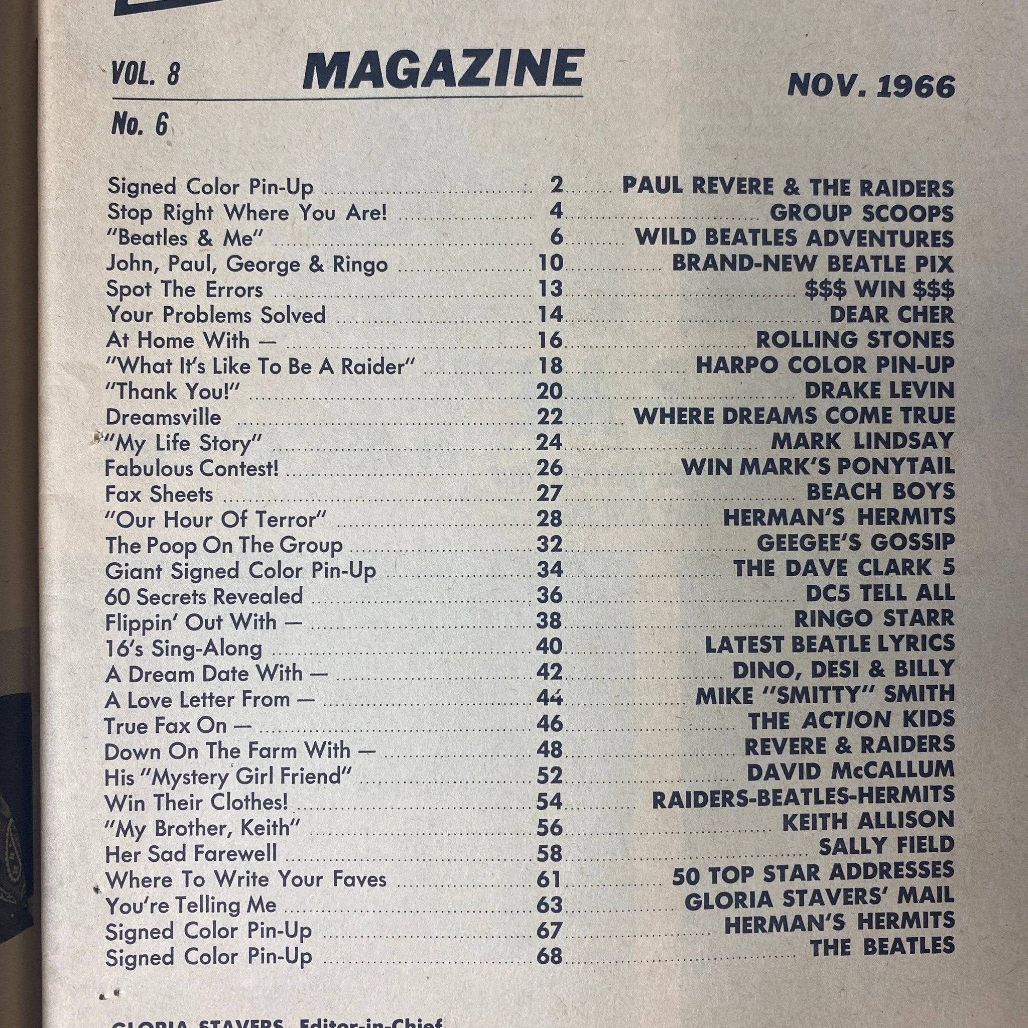 Table of contents from 16 Magazine November 1966 Vol 8 No. 6, listing features on Paul Revere & The Raiders, The Beatles, and various articles related to 1960s pop culture.
