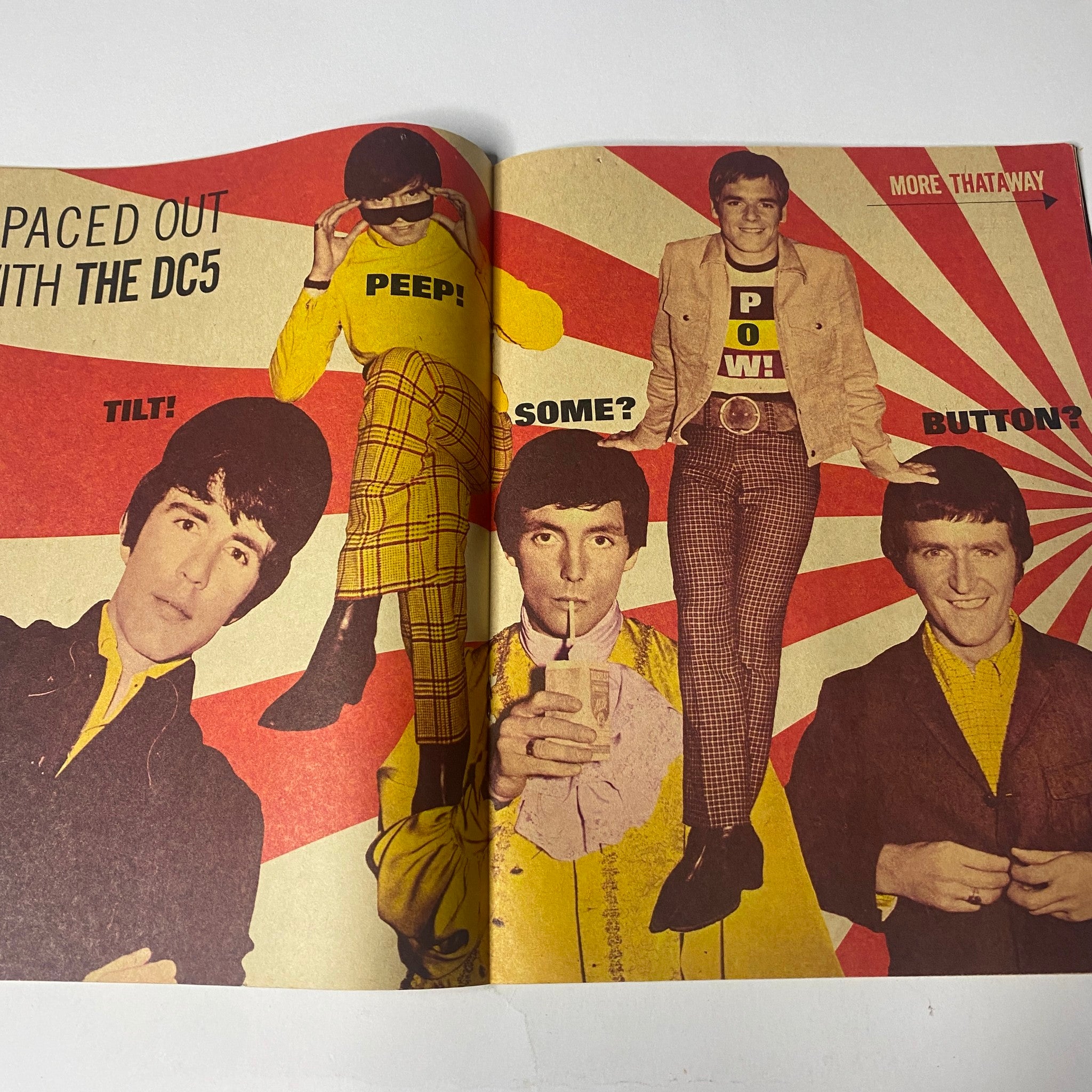 A vibrant double-page spread from 16 Magazine November 1966 Vol 8 No. 6 showcasing members of The Dave Clark Five in trendy outfits and dynamic poses.