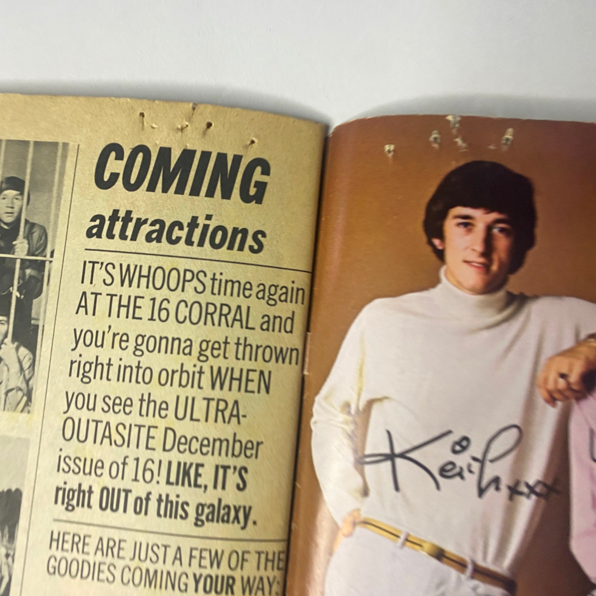 Keith Allison featured in a signed pin-up from '16 Magazine November 1966 Vol 8 No. 6' with a description of upcoming attractions.
