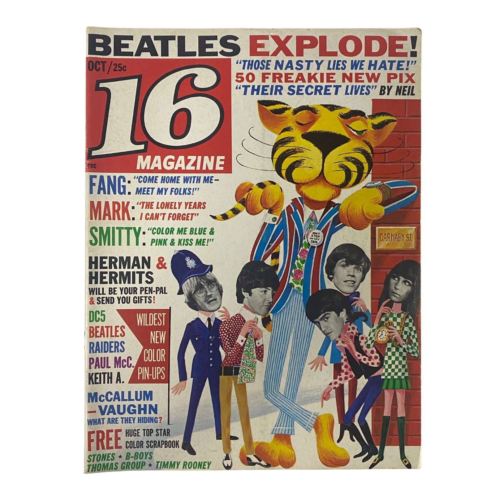 Cover of 16 Magazine, October 1966, Vol 8 No 5 featuring The Beatles, with headlines about exclusive features and pin-ups. A colorful graphic design showcases 'Beatles Explode!' and 'Freakie Pix'.