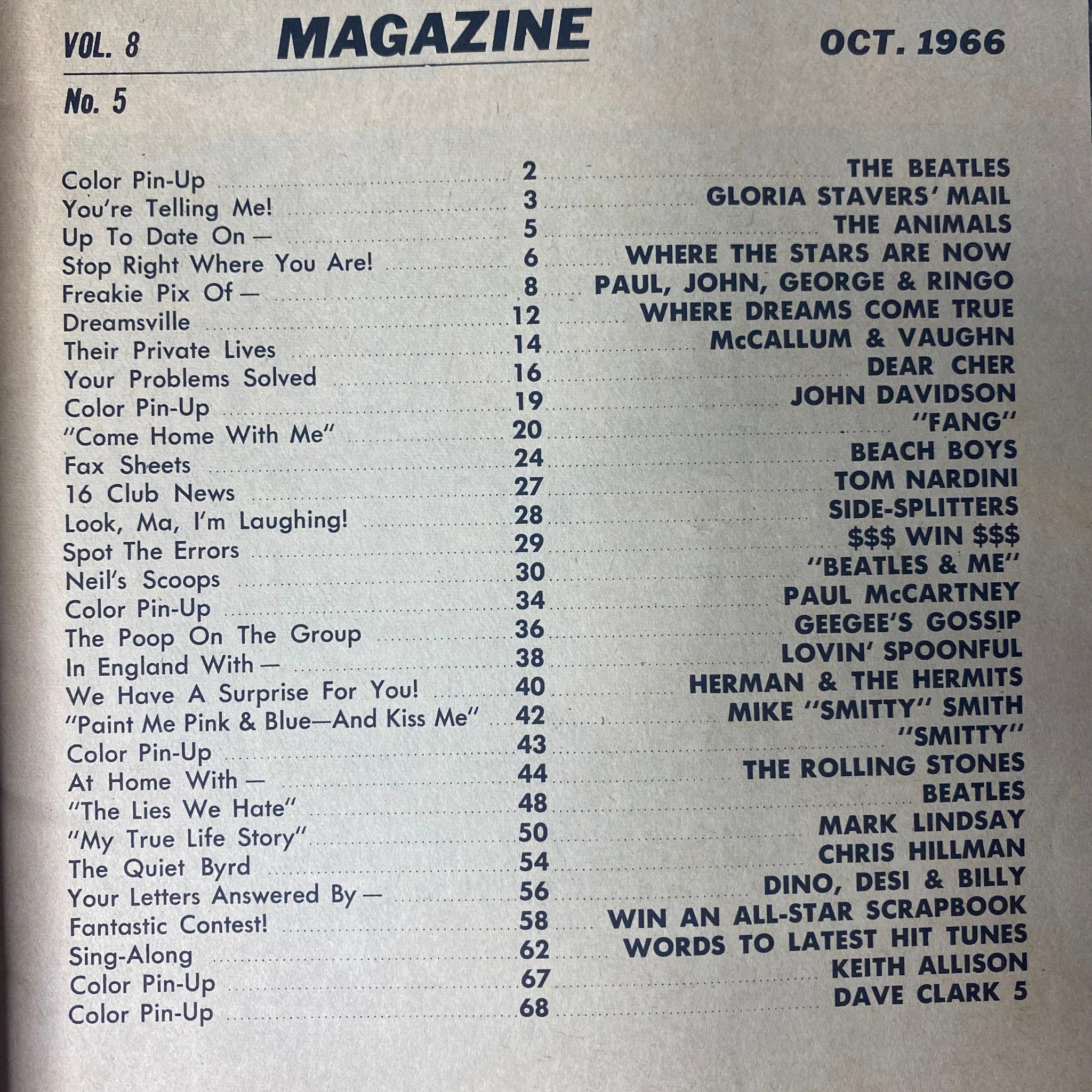 Table of Contents from 16 Magazine, October 1966, Vol 8 No 5, detailing articles and sections including features on The Beatles, Rolling Stones, and advice column by Dear Cher.