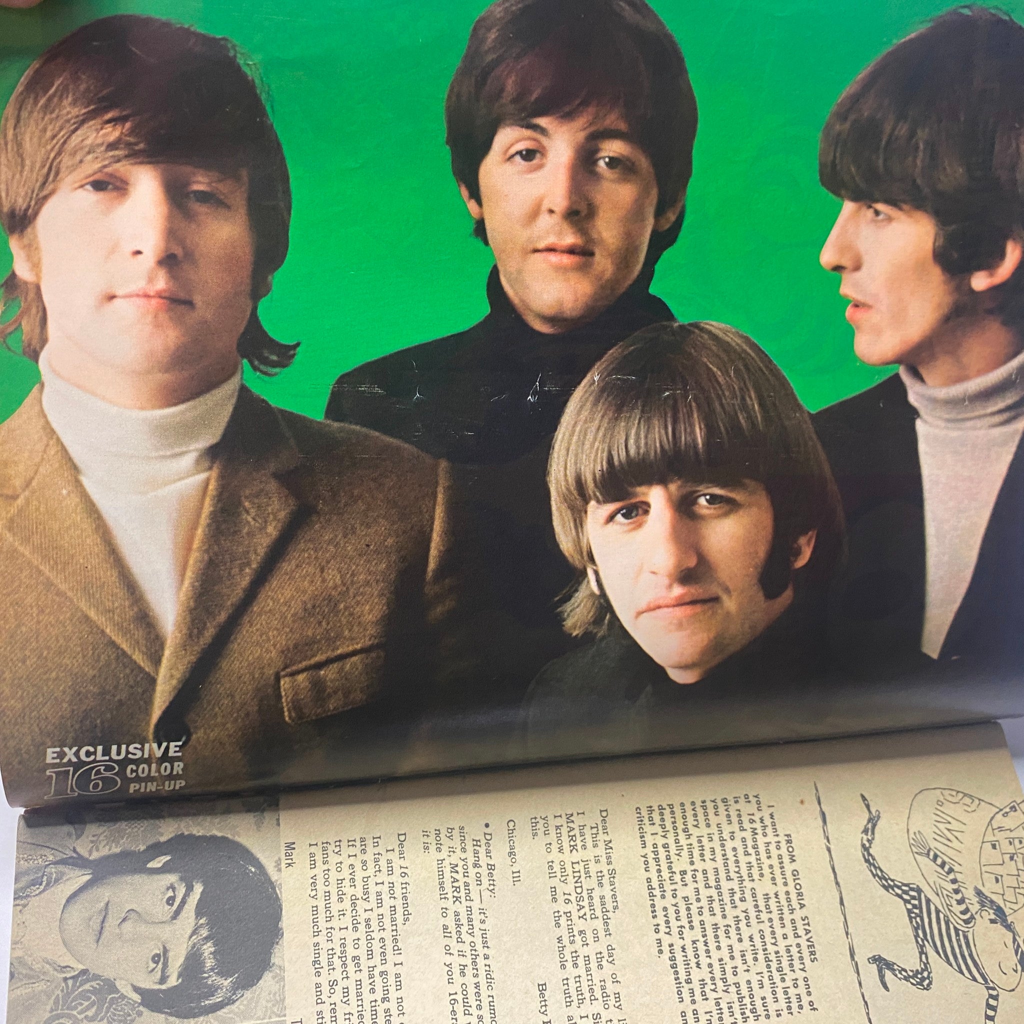 Exclusive color pin-up featuring The Beatles from 16 Magazine October 1966 Vol 8 No. 5, showcasing the iconic band members in stylish attire.