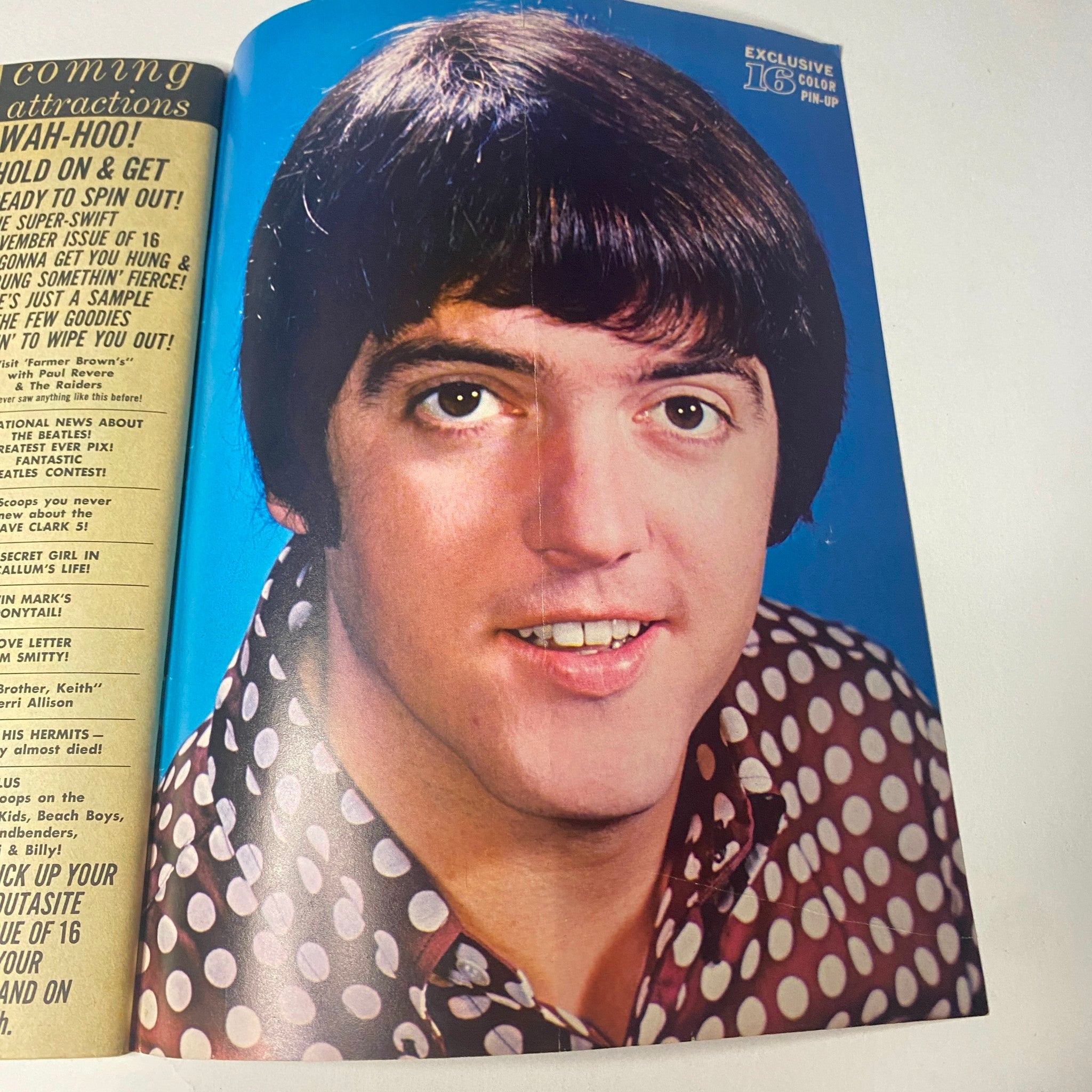 Exclusive color pin-up of a young male artist with distinctive hair and polka dot shirt from 16 Magazine October 1966 Vol 8 No. 5, showcasing the teen pop culture of the 1960s.
