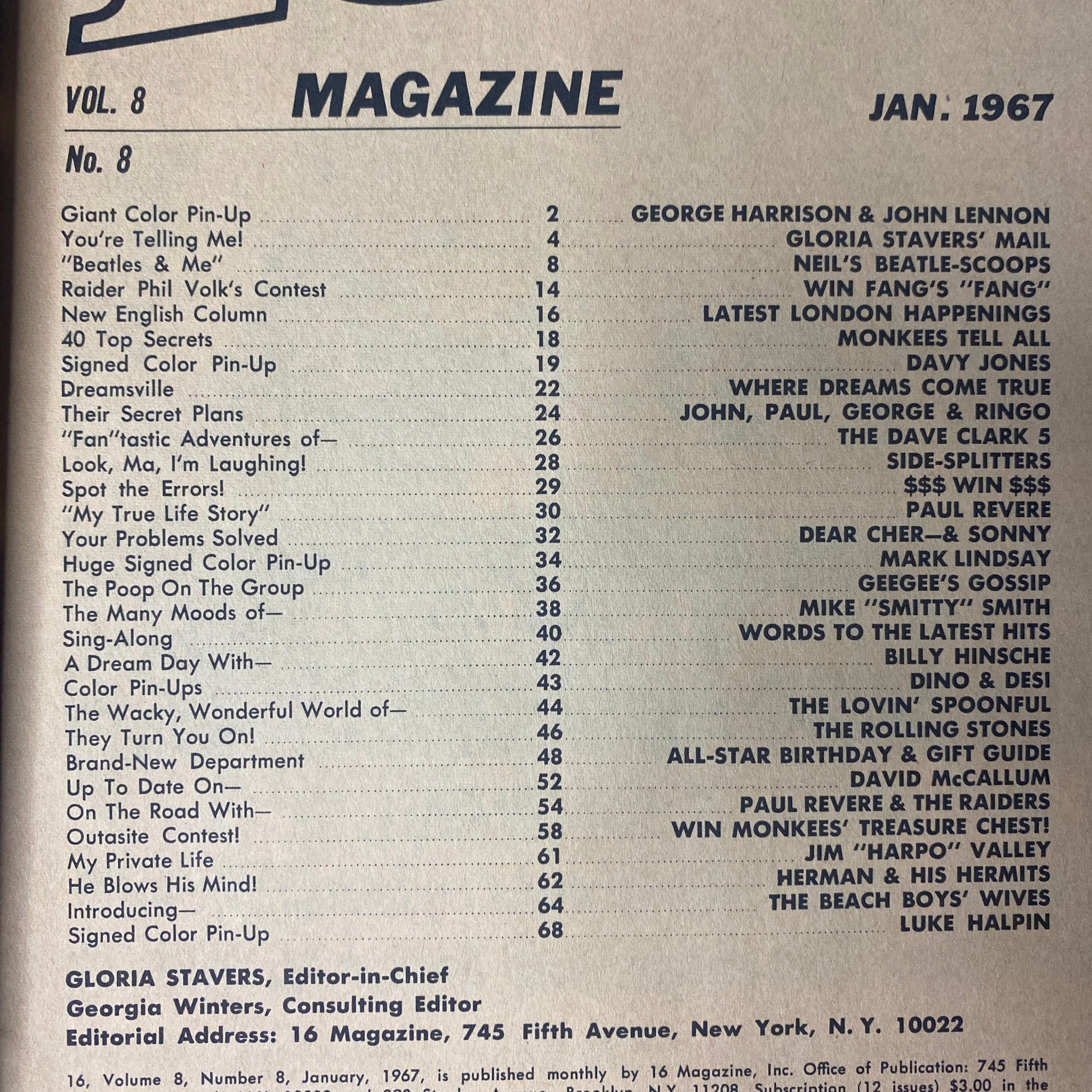 Table of Contents from 16 Magazine January 1967 Vol. 8 No. 8 outlining features such as Beatles stories, Monkees secrets, and celebrity pin-ups.