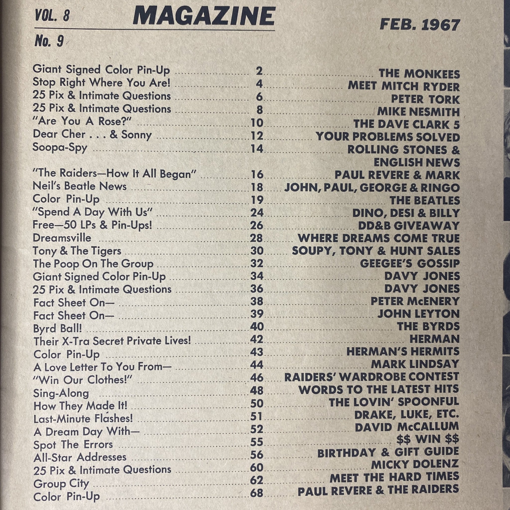 16 Magazine February 1967 Vol 8 No. 9 The Monkees w Pinup No Label