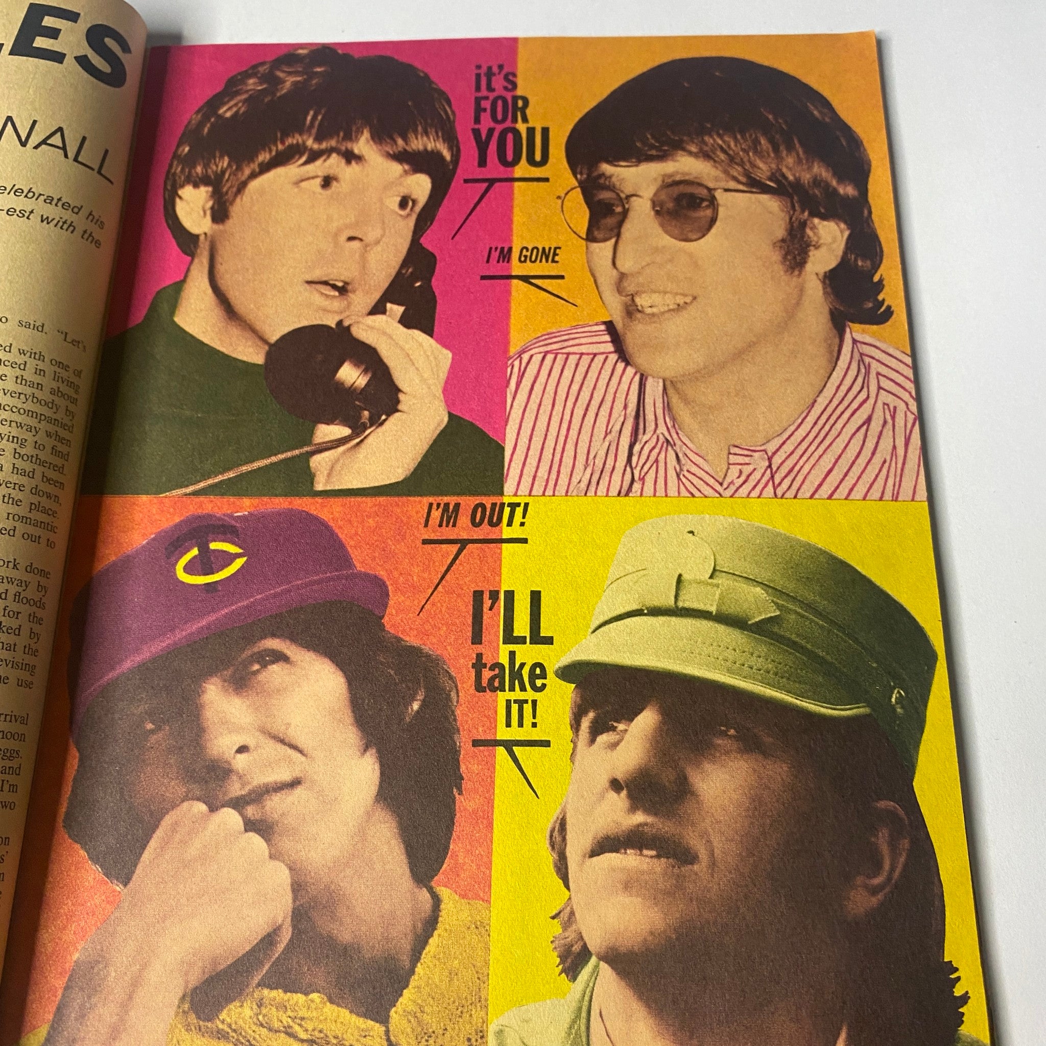 The Beatles' John Lennon and George Harrison featured in 16 Magazine February 1967 Vol 8 No. 9, with playful text and vibrant colors capturing the spirit of the 1960s.
