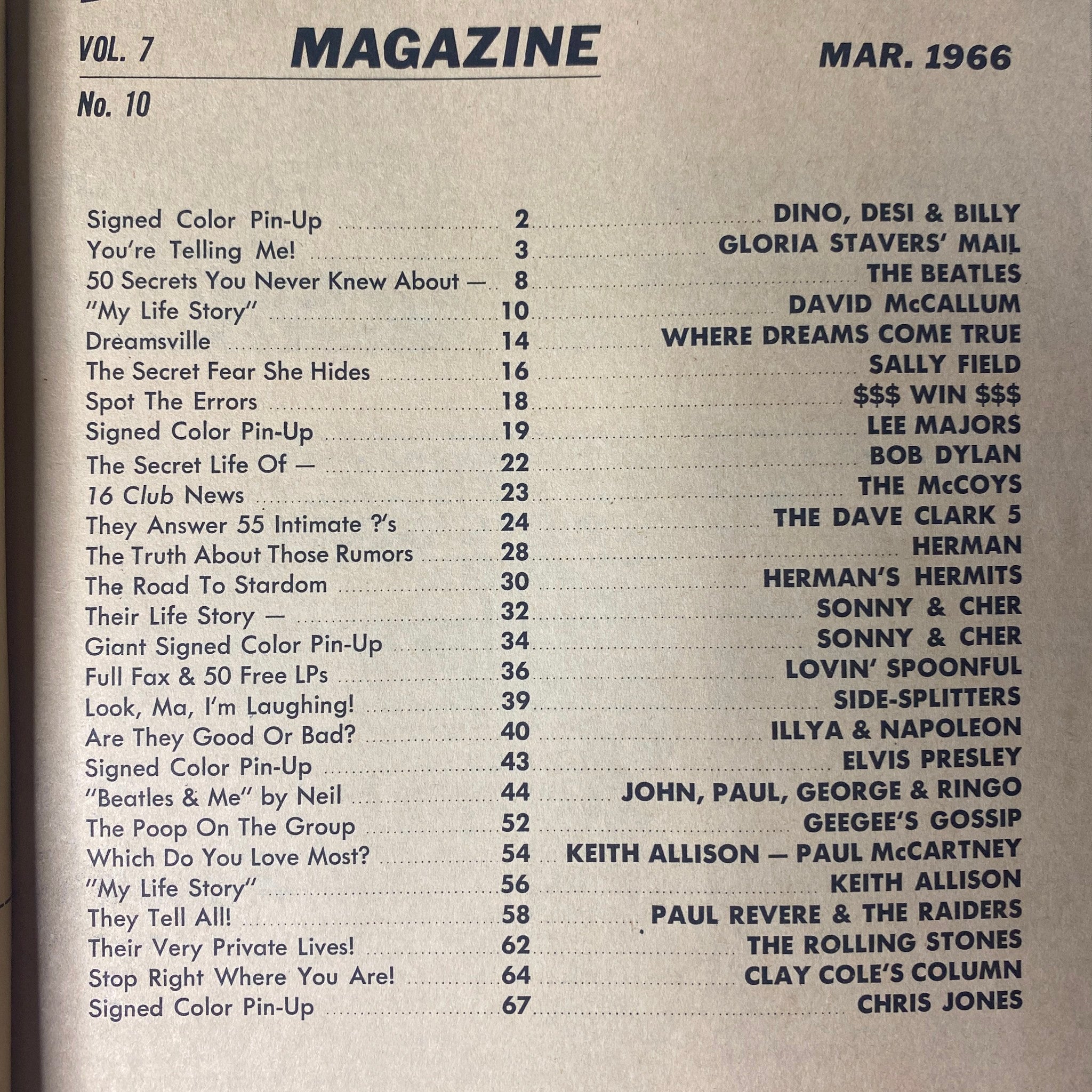 Table of contents from 16 Magazine March 1966 Vol 7 No. 10, listing featured articles and signed pin-ups, including Dino, Desi & Billy.
