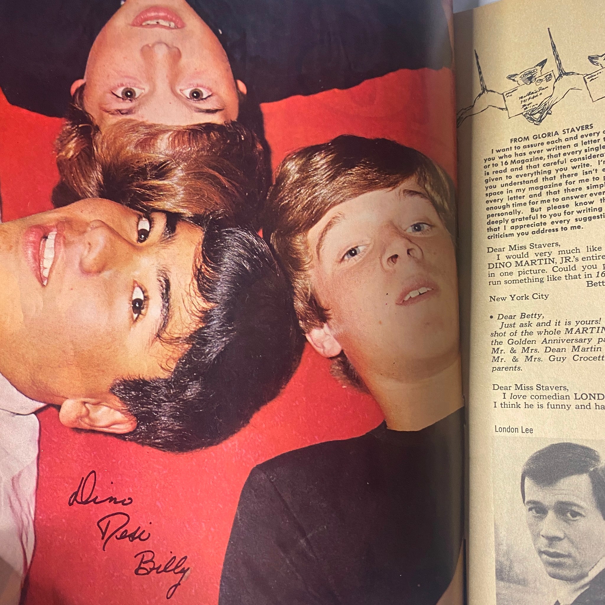 Inside spread of 16 Magazine March 1966 Vol 7 No. 10 featuring Dino, Desi & Billy lying down, with signatures visible, highlighting their youthful look.