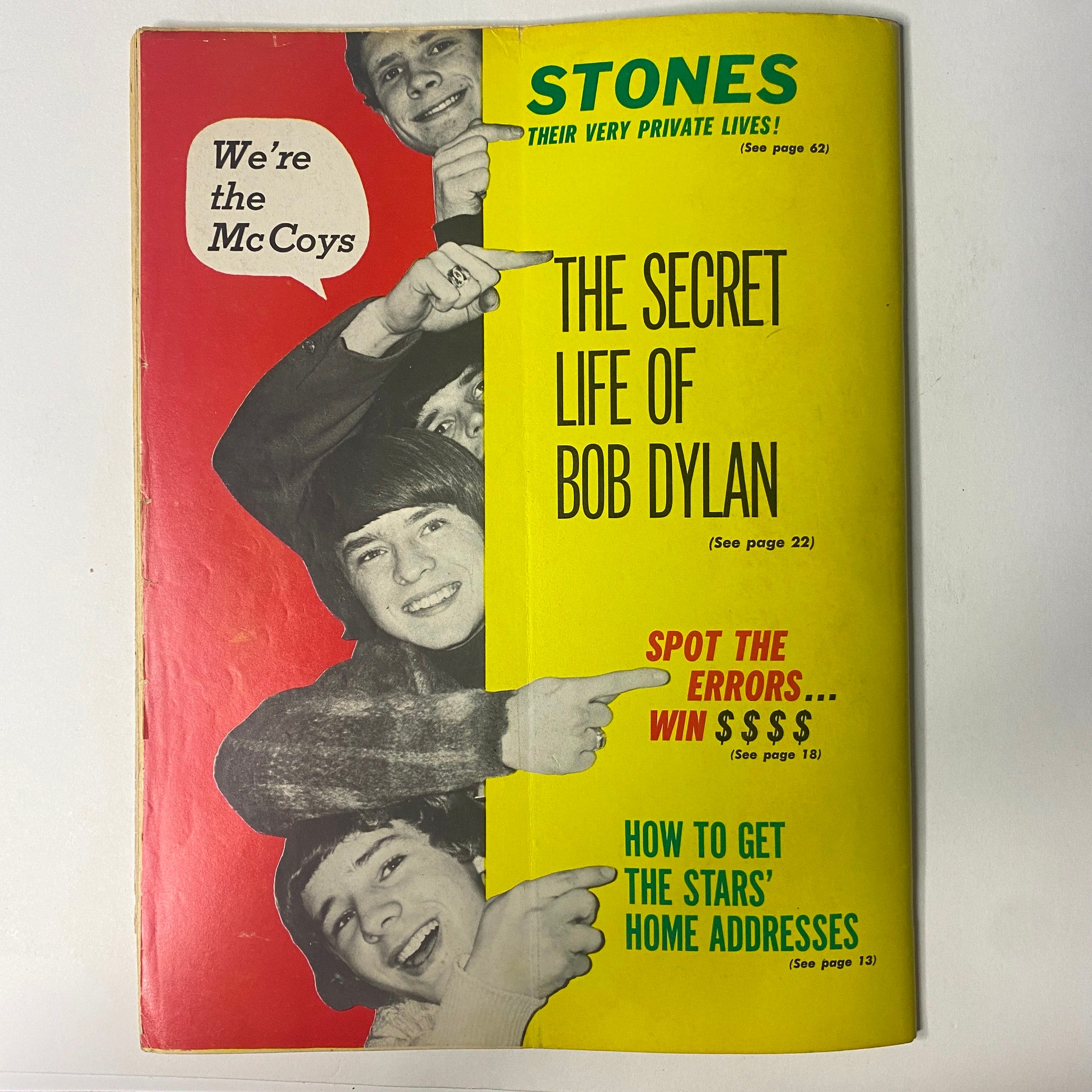 Cover of 16 Magazine March 1966, highlighting 'The Secret Life of Bob Dylan' and a playful design with images of popular music icons, capturing the essence of 1960s teen magazines.