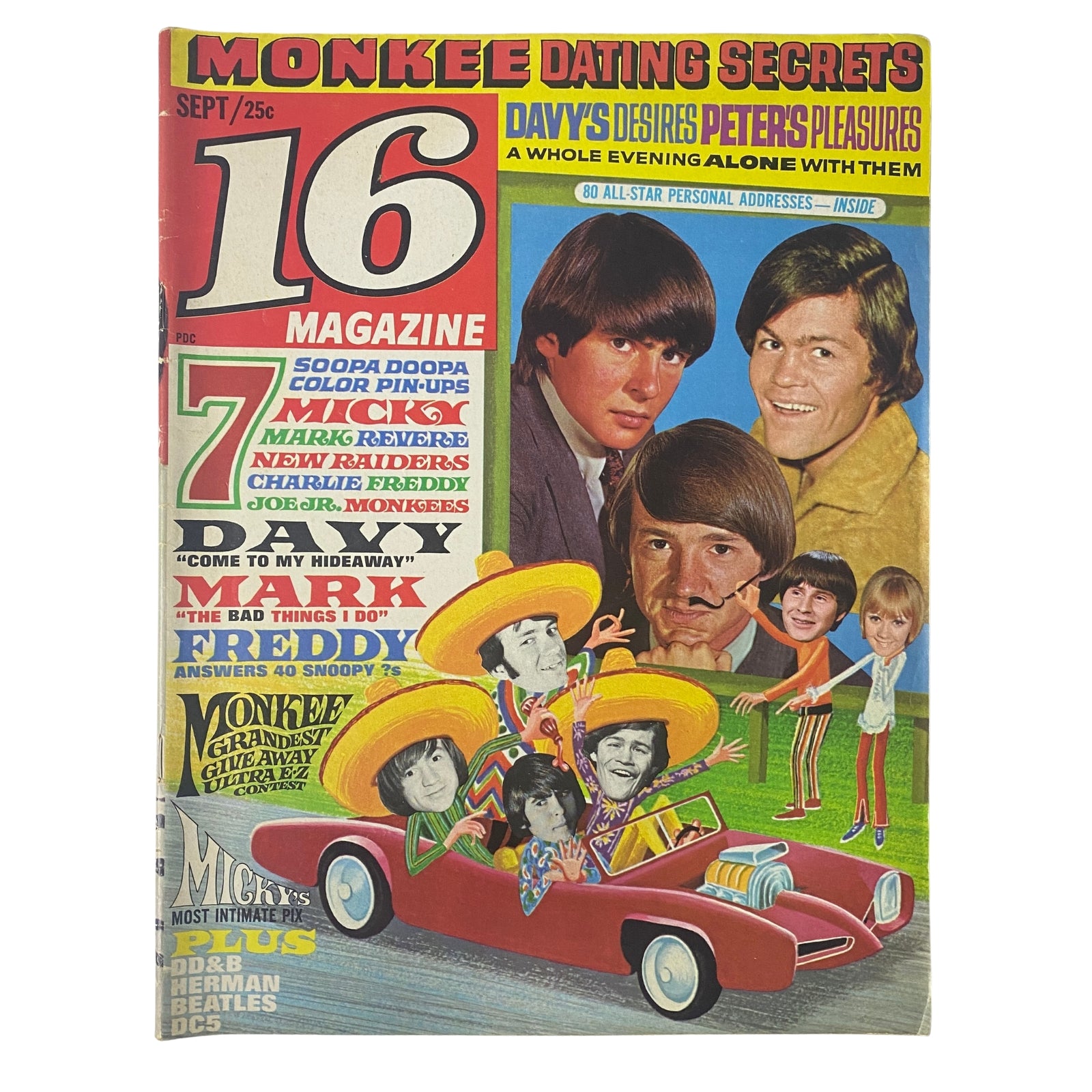 Cover of 16 Magazine September 1967 Vol 9 No. 4 featuring Micky Dolenz and the Monkees, showcasing colorful imagery and exclusive features related to 1960s music icons.