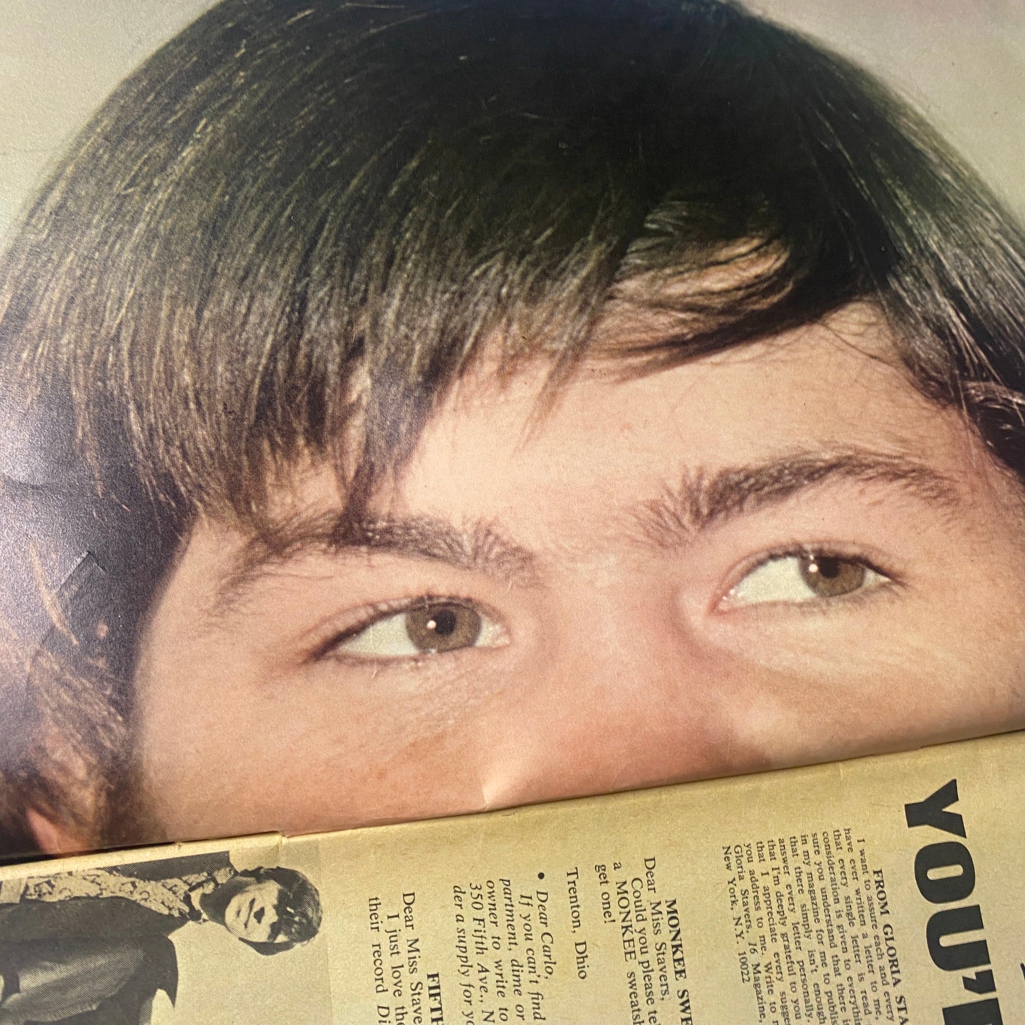 Close-up of Micky Dolenz's face from 16 Magazine September 1967, Vol 9 No 4, showing his eyes and expressive features.