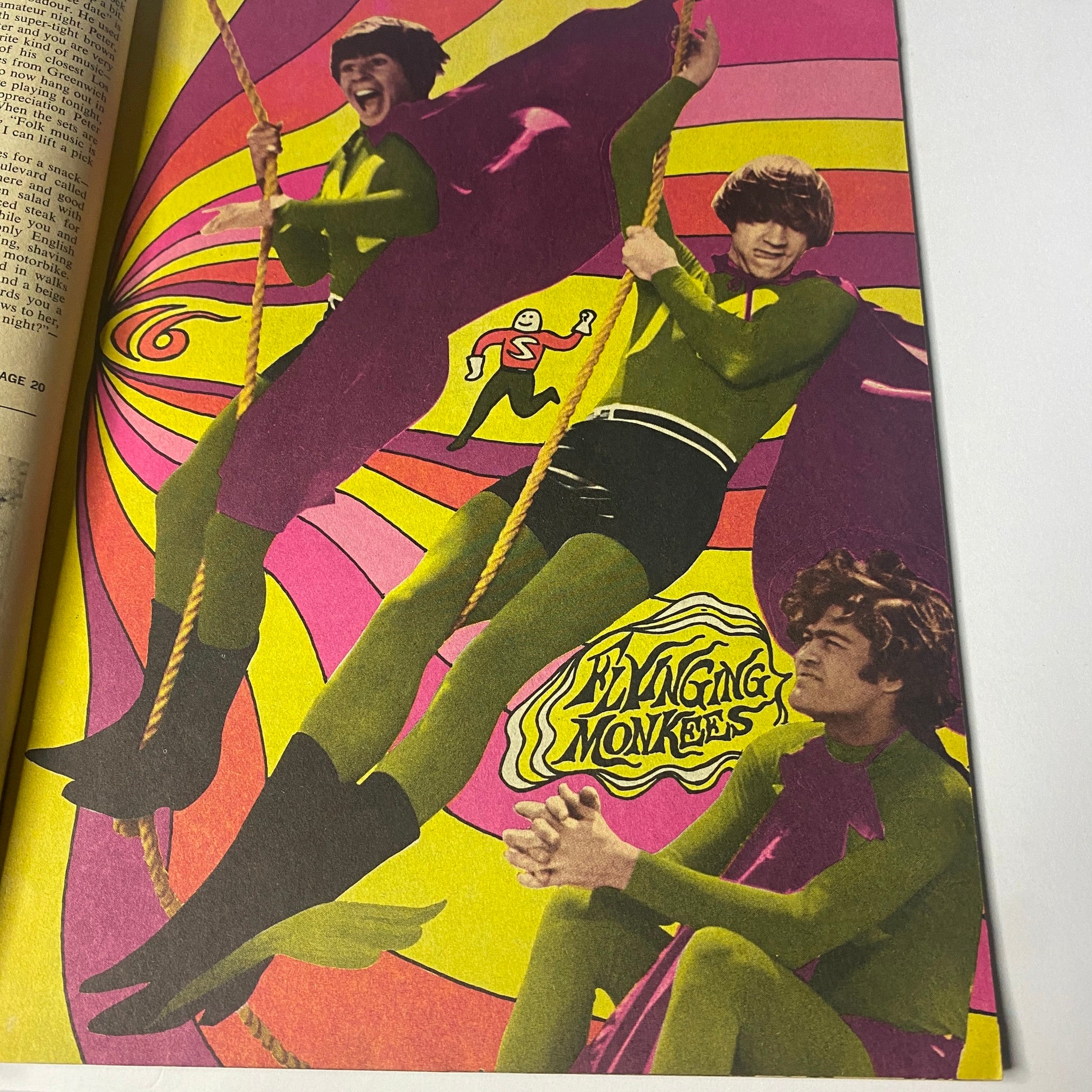 Colorful page from 16 Magazine September 1967, Vol 9 No 4 showcasing The Monkees in playful superhero outfits, titled 'Flying Monkeys'.