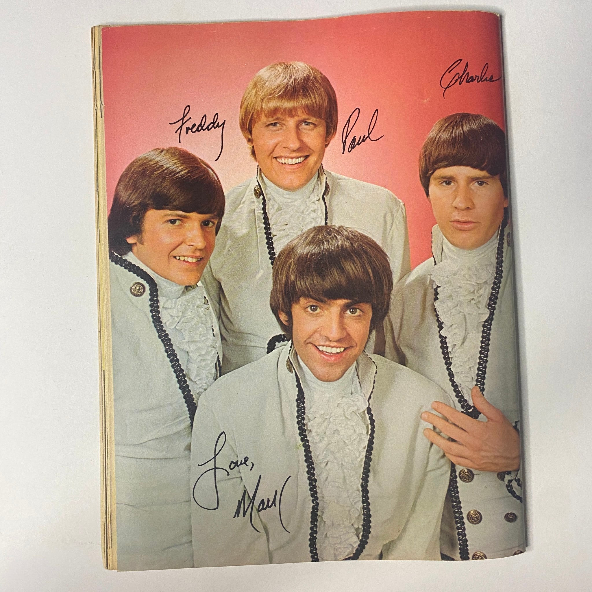 Cover image of 16 Magazine September 1967 Vol 9 No. 4 featuring Micky Dolenz and The Monkees, showcasing four members dressed in formal attire, with signatures including 'Freddy', 'Paul', 'Charles', and 'Love, Mark'.