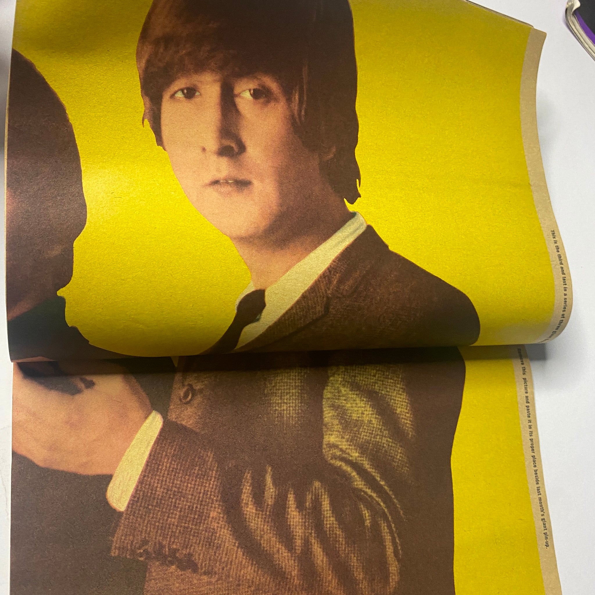 John Lennon featured in 16 Magazine September 1965 Vol 7 No. 4, showcasing a vibrant portrait with a yellow background, capturing the essence of 1960s music icons.