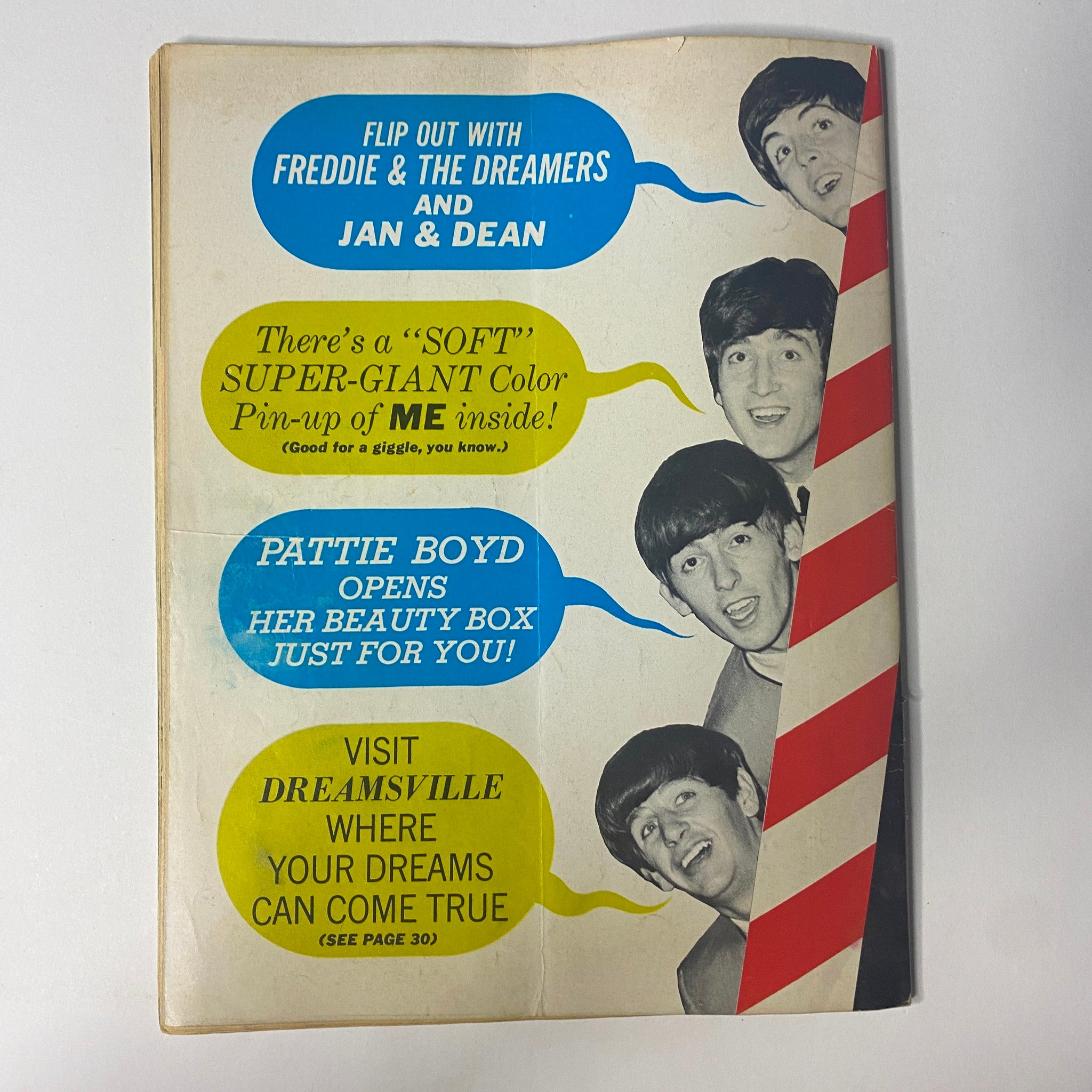 Cover page of 16 Magazine September 1965 Vol 7 No. 4 featuring colorful speech bubbles announcing various features including Freddie & The Dreamers and Pattie Boyd's beauty tips.