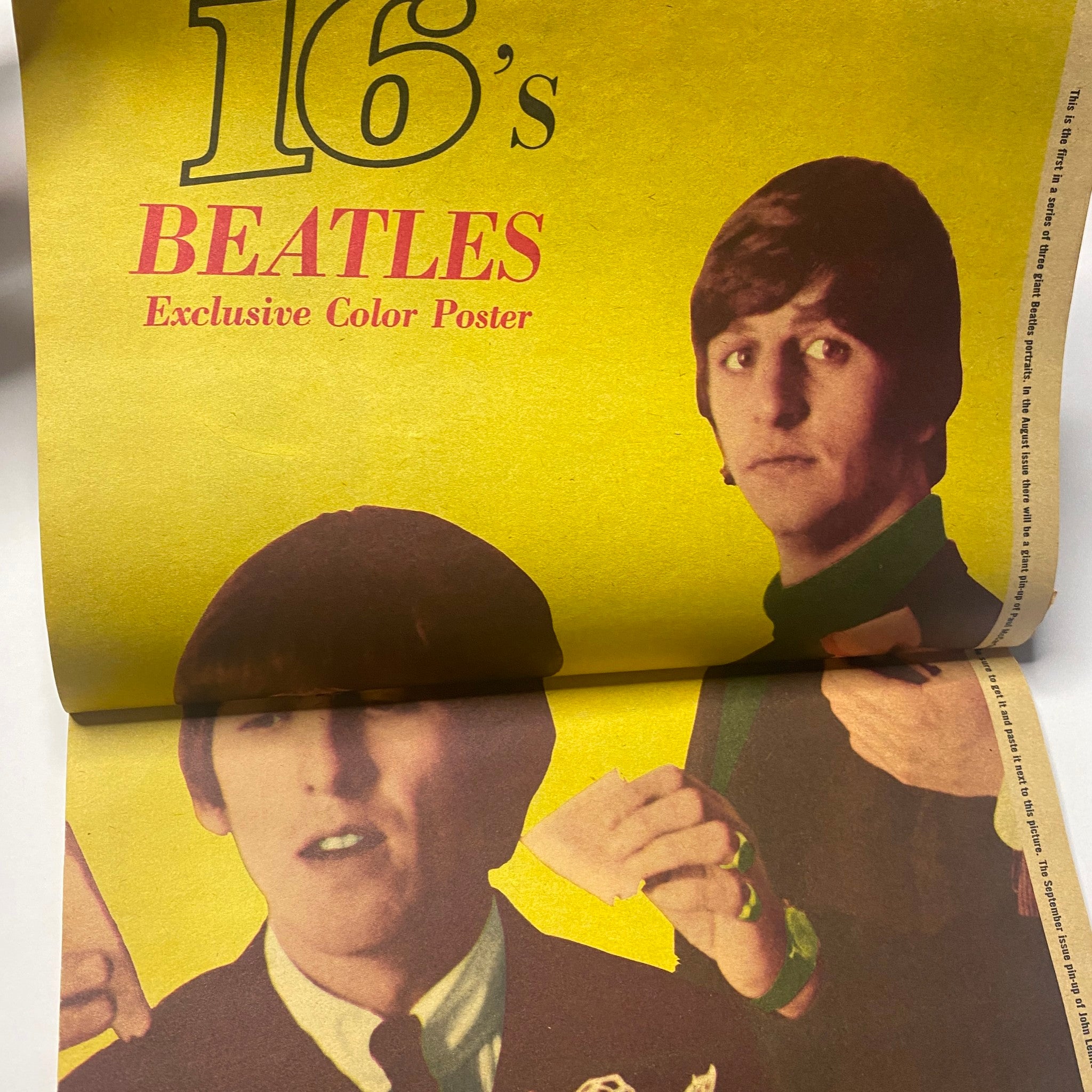 Exclusive color poster of The Beatles from 16 Magazine July 1965 Vol. 7 No. 2, highlighting iconic band members in vibrant colors.