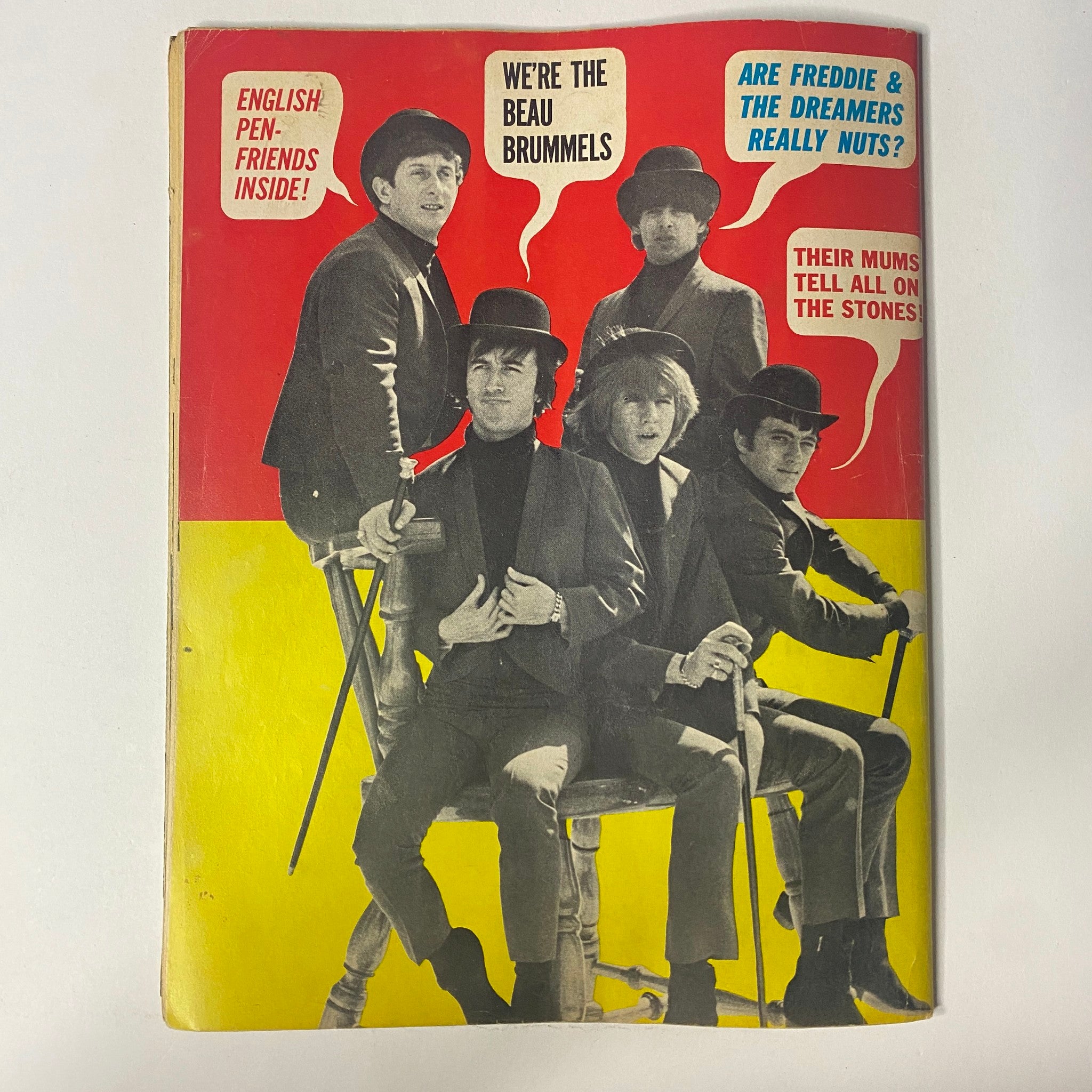 Cover of 16 Magazine July 1965 Vol 7 No. 2 featuring Freddie & The Dreamers, showcasing mid-1960s teen culture with colorful graphics and prominent British music icons.