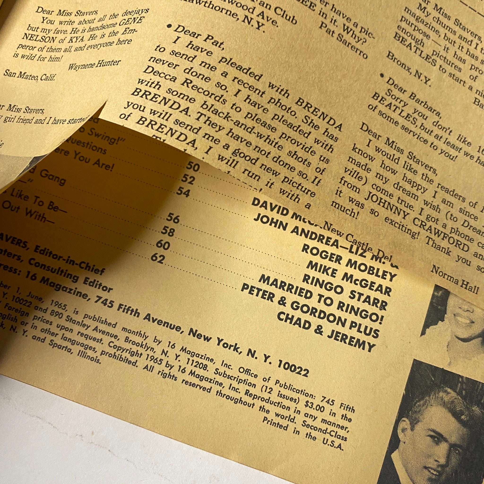 Inside page of 16 Magazine June 1965 Vol. 7 No. 1 displaying fan letters and advice columns. A glimpse into 1960s teen culture.