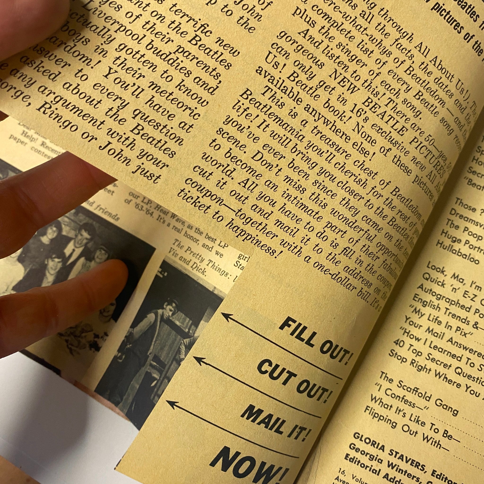 Another inside page of 16 Magazine June 1965 Vol. 7 No. 1 showing content about the Beatles and fan engagement. Nostalgic youth magazine feature.