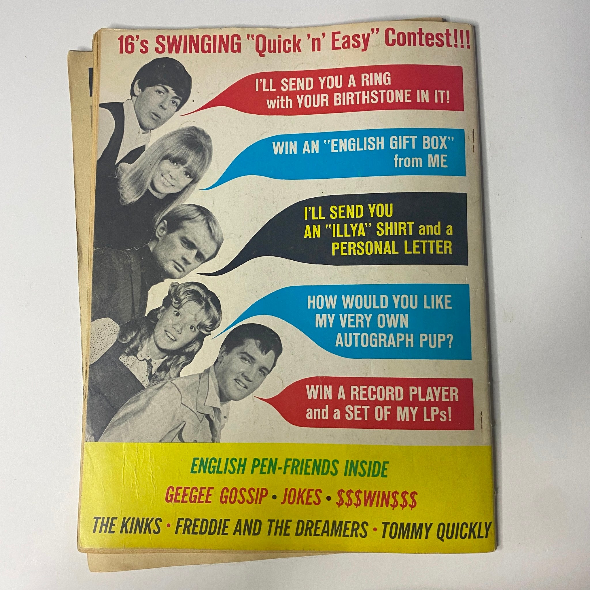 Promotional page for 16 Magazine June 1965 Vol 7 No. 1, detailing the magazine's contest and featuring images of popular artists.