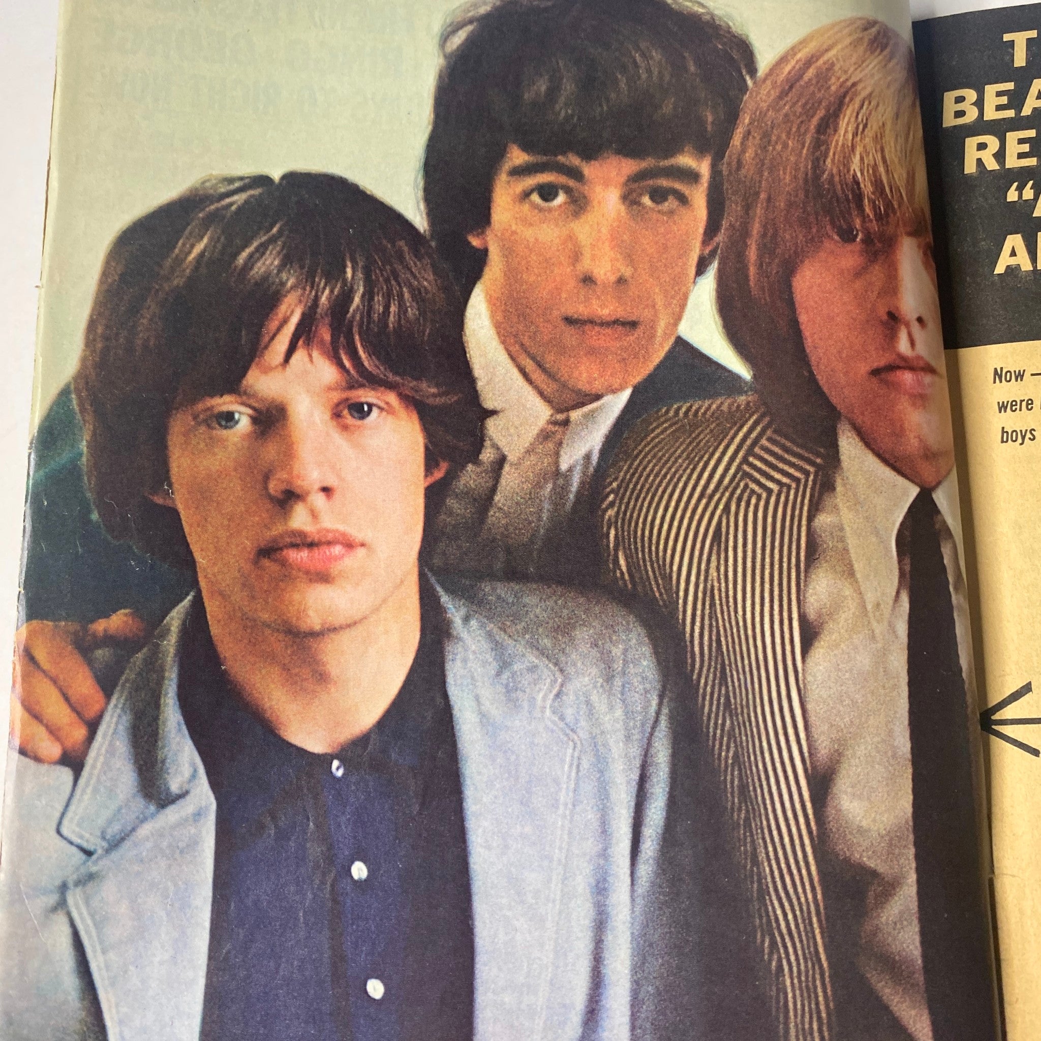 A photo spread from 16 Magazine May 1965 Vol 6 No. 12 showcasing members of The Rolling Stones, capturing their youthful energy and style.
