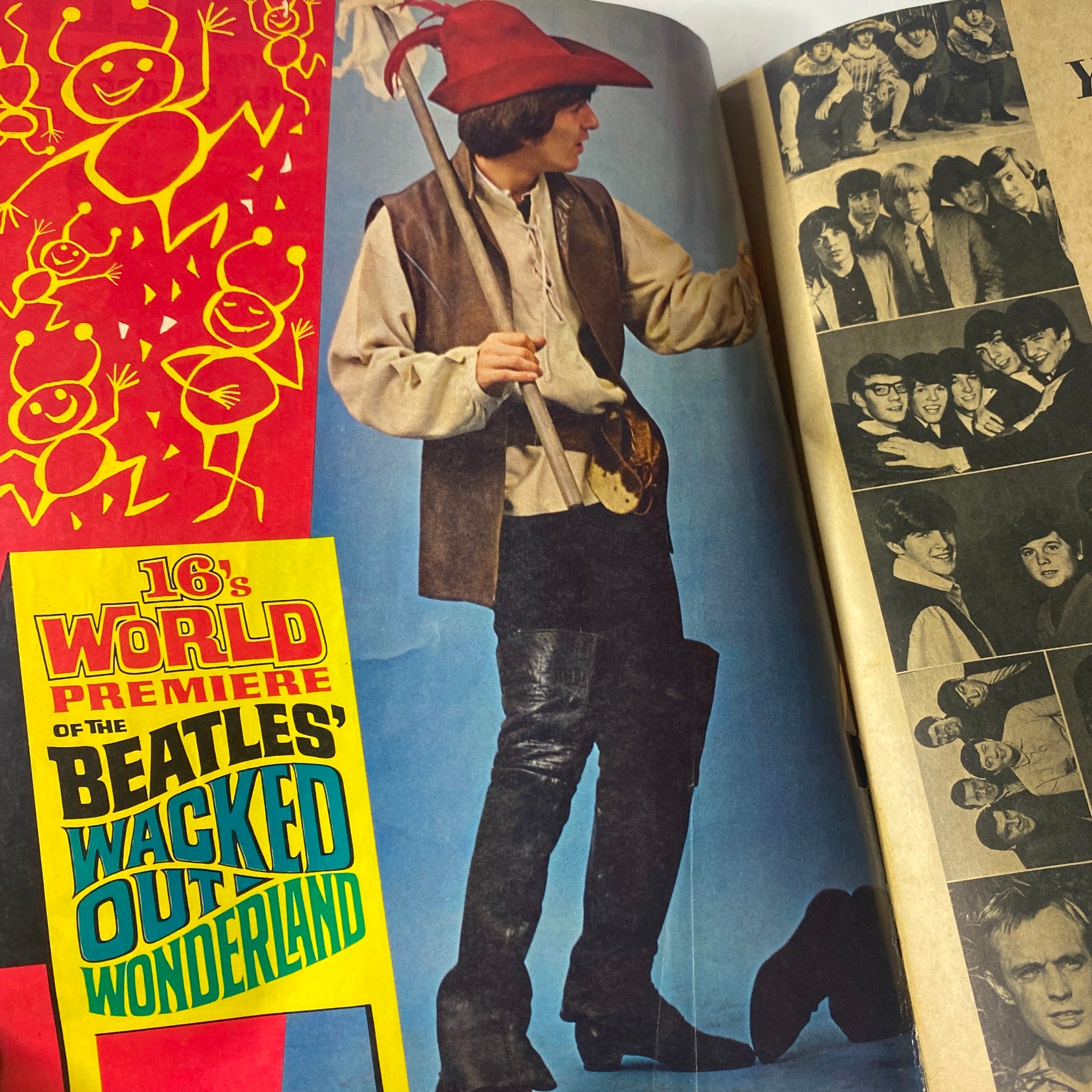 Inside spread from 16 Magazine February 1966 showcasing an article about The Beatles, featuring a colorful image of a band member in costume, promoting the magazine's coverage of 1960s pop culture.